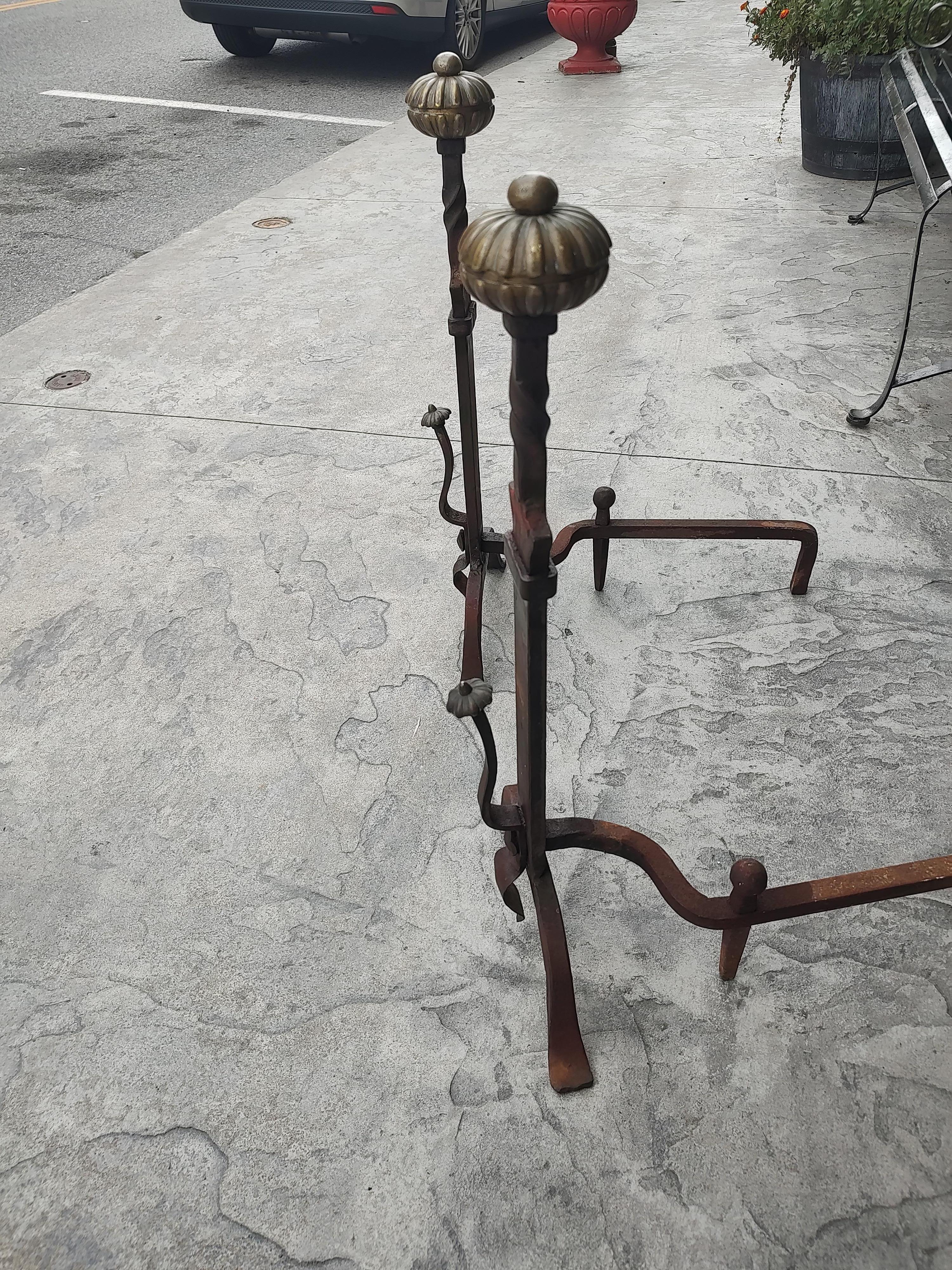 Mid 19th Century Hand Forged Iron & Brass Tall Andirons For Sale 1