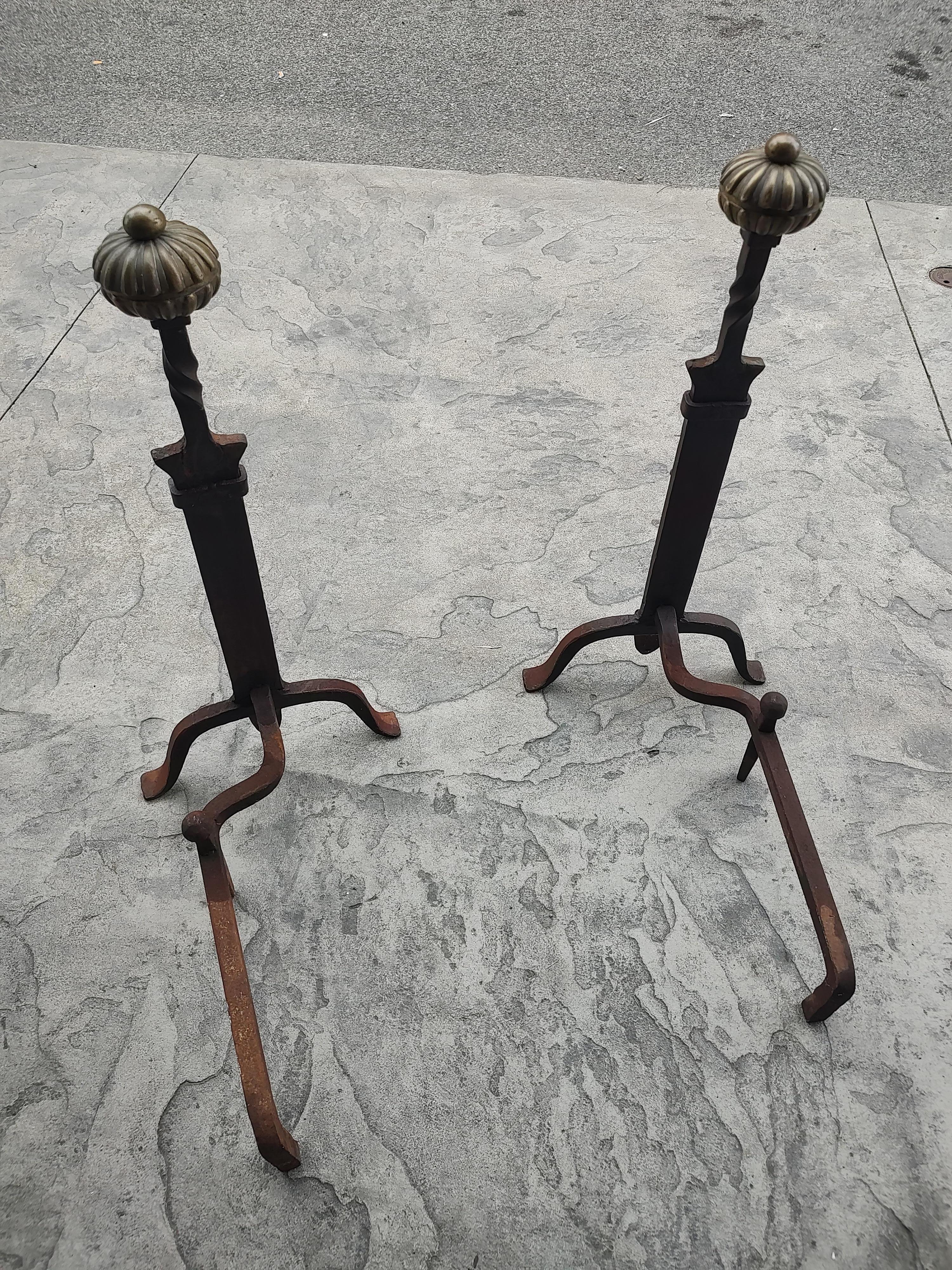 Mid 19th Century Hand Forged Iron & Brass Tall Andirons For Sale 2
