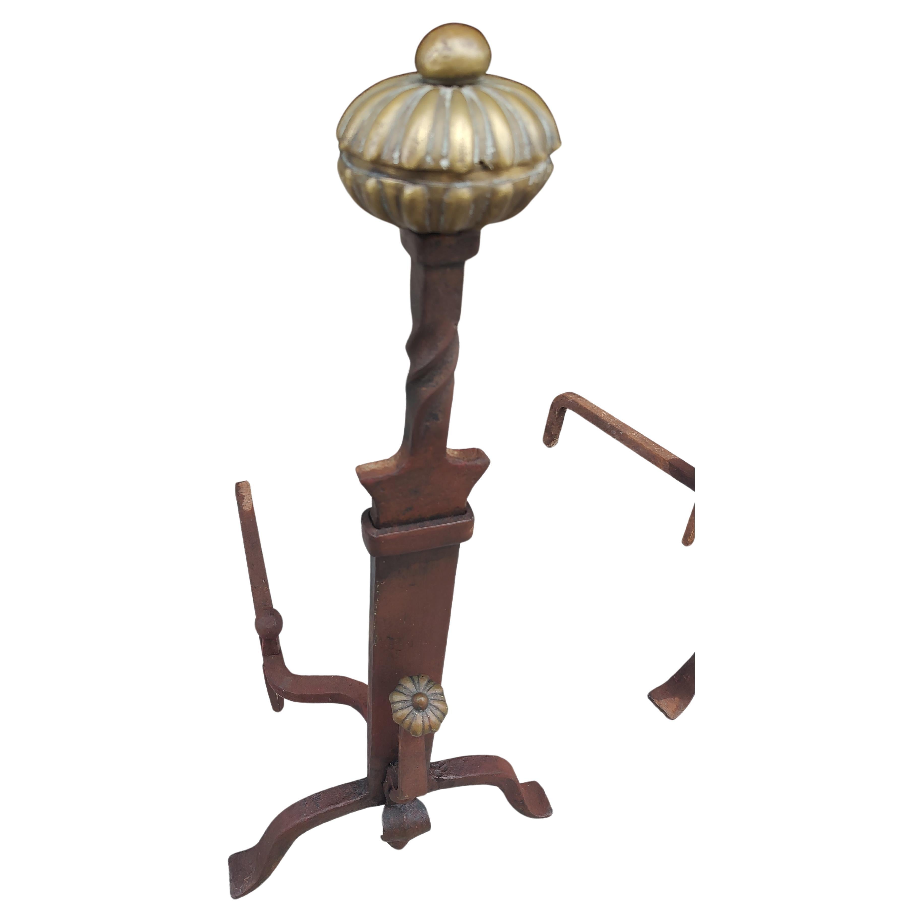 Cast Mid 19th Century Hand Forged Iron & Brass Tall Andirons For Sale