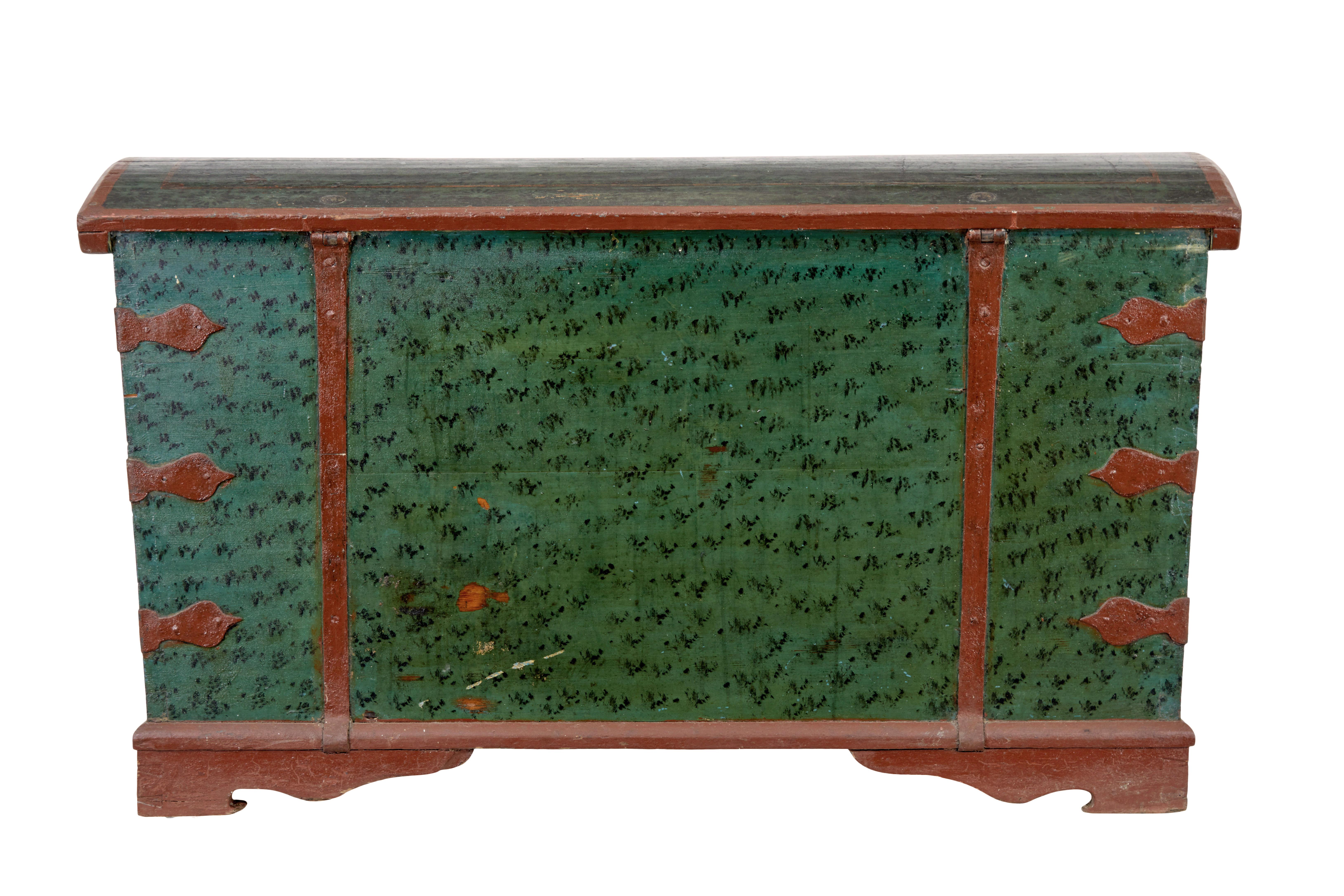 Carved Mid 19th century hand painted Swedish oak coffer For Sale