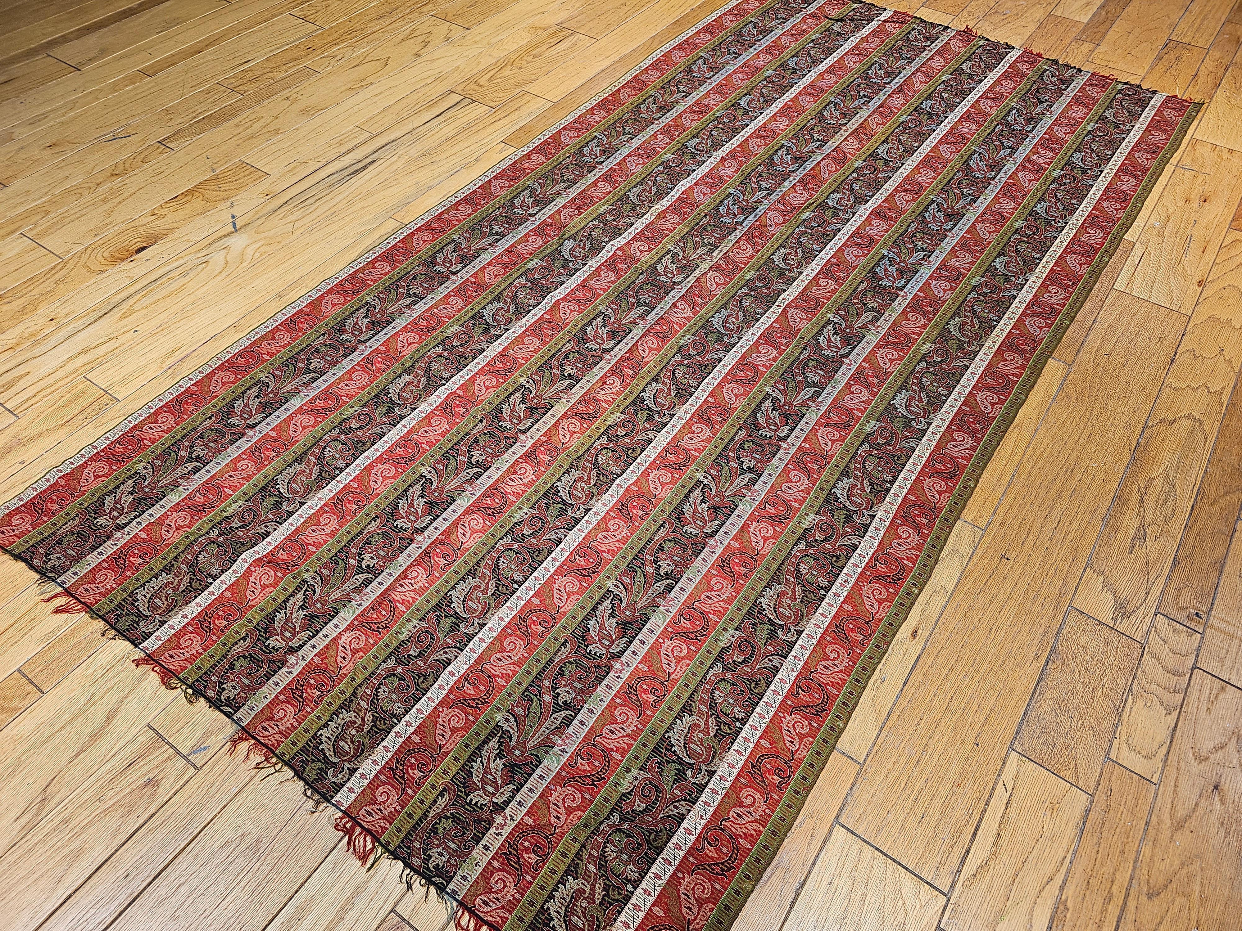 19th Century Hand-Woven Kashmiri Paisley Shawl in Brick Red, Ivory, Black, Green For Sale 5