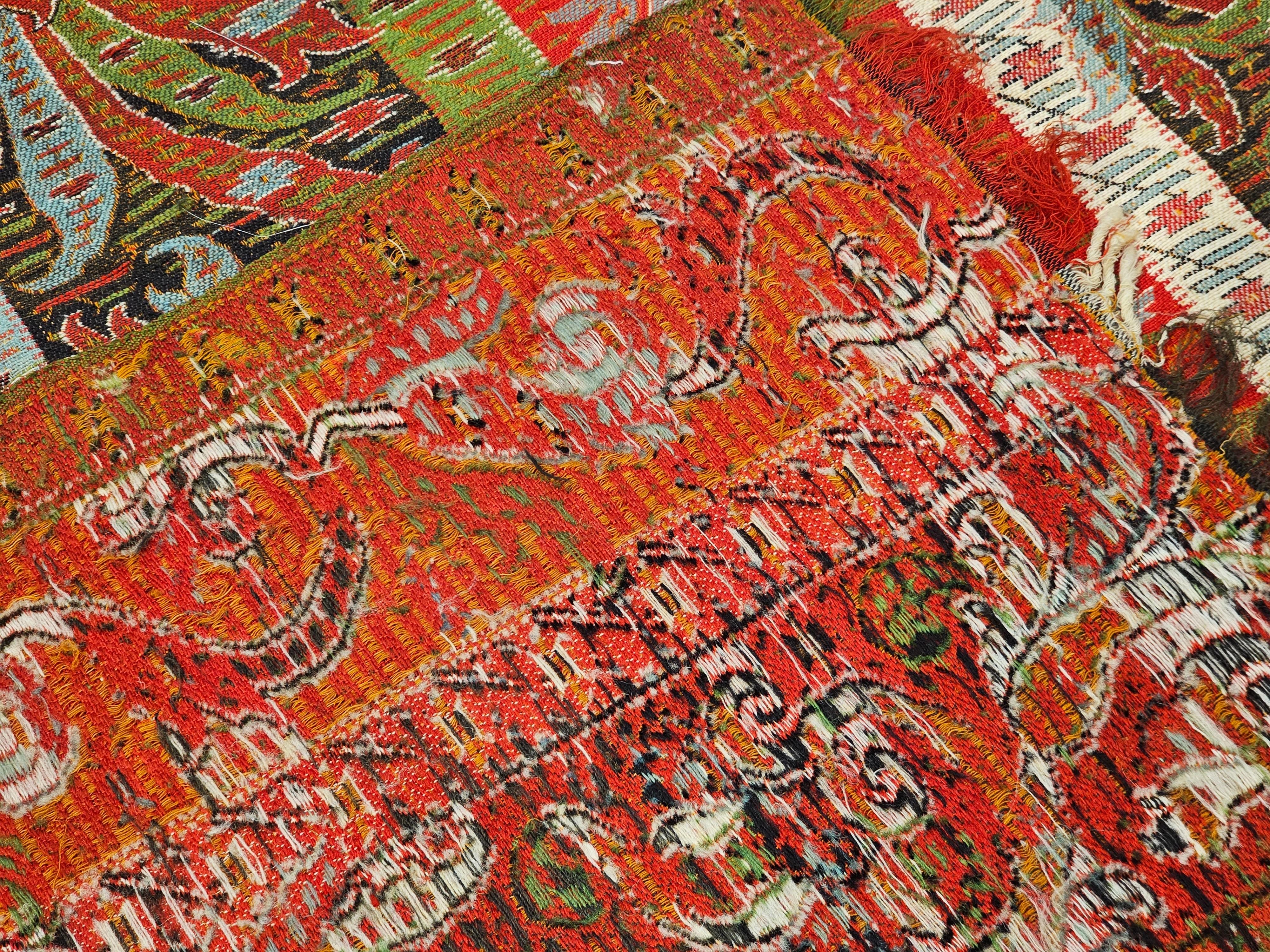19th Century Hand-Woven Kashmiri Paisley Shawl in Brick Red, Ivory, Black, Green For Sale 2