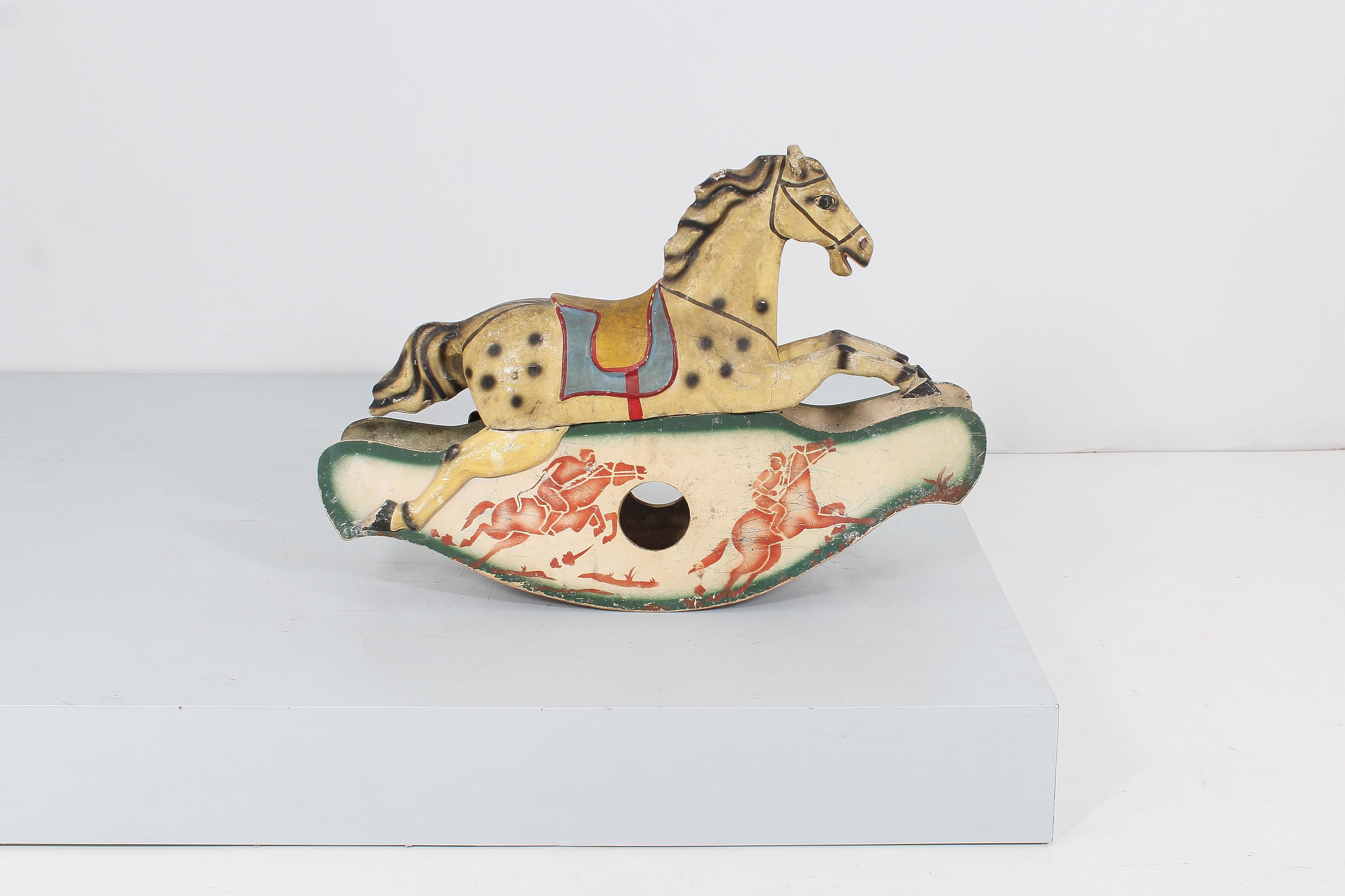 Louis Philippe Mid-19th Century Handmade Rocking Horse Papier-Mâché Metal and Wood Italy 1840s For Sale