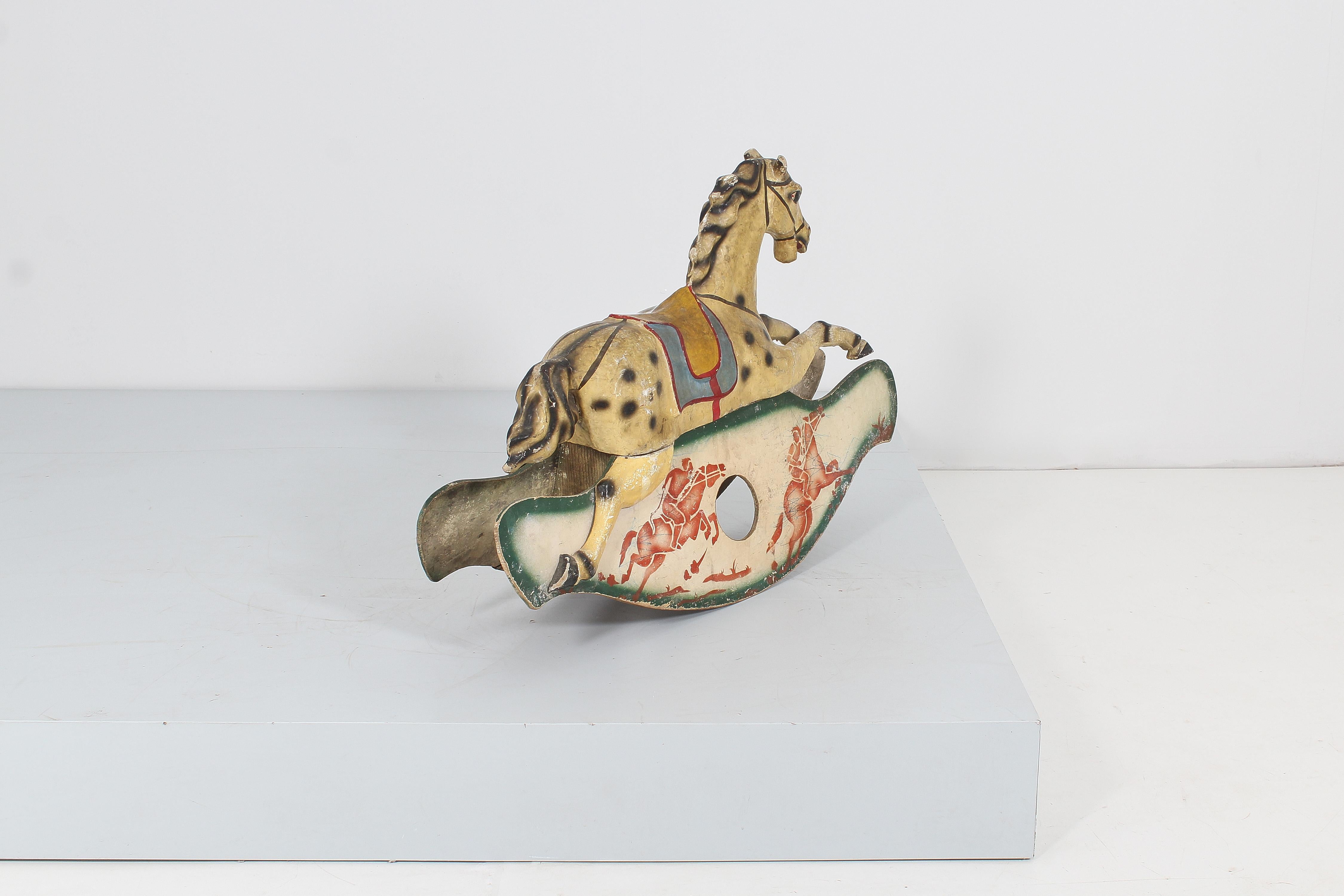 Italian Mid-19th Century Handmade Rocking Horse Papier-Mâché Metal and Wood Italy 1840s For Sale