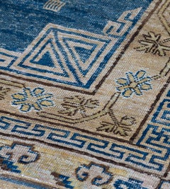 Antique Handwoven Khotan Rug, Turkestan, Blue Floral, 1880s