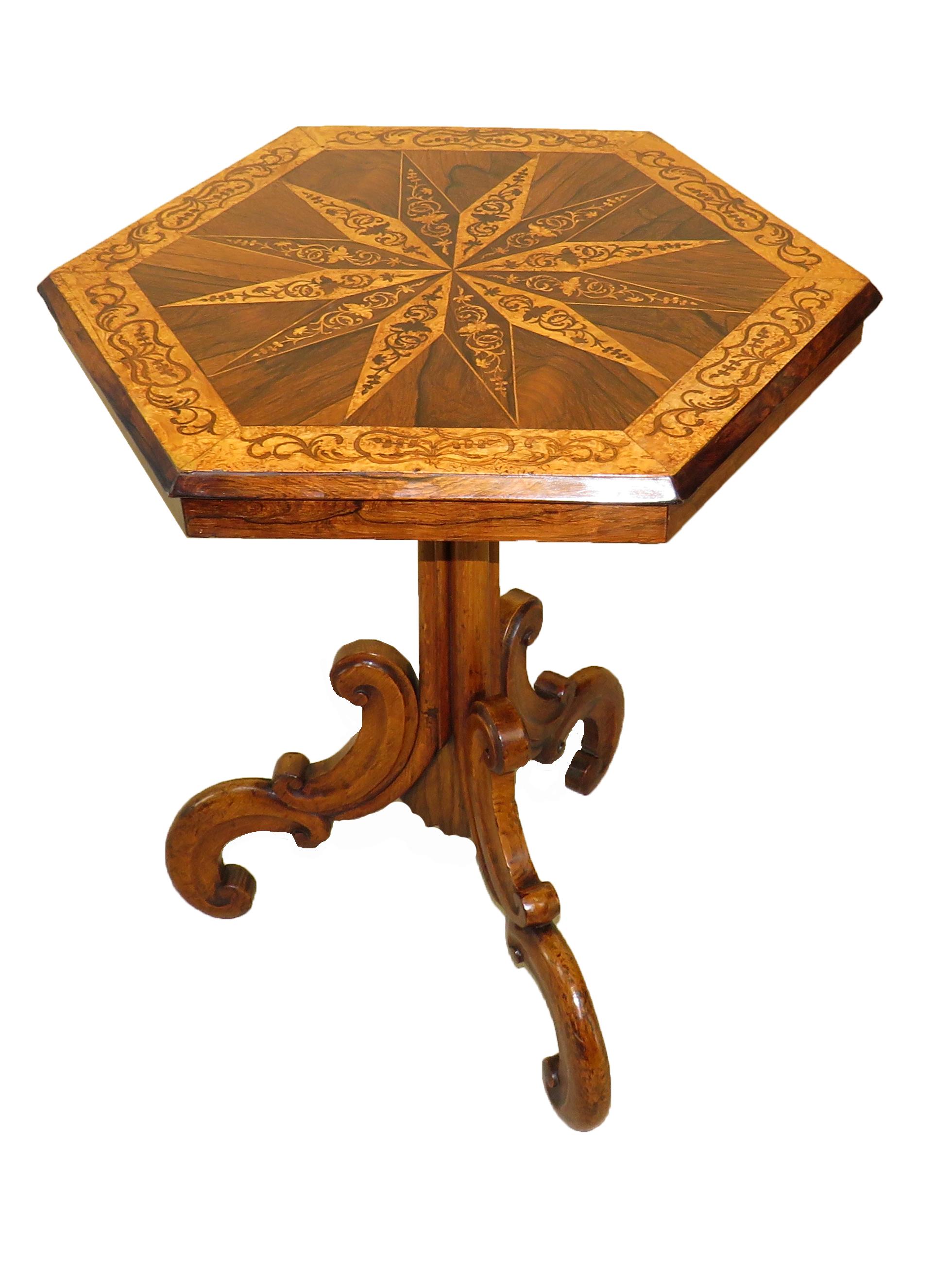 Mid-19th Century Hexagonal Specimen Woods Occasional Table For Sale 1