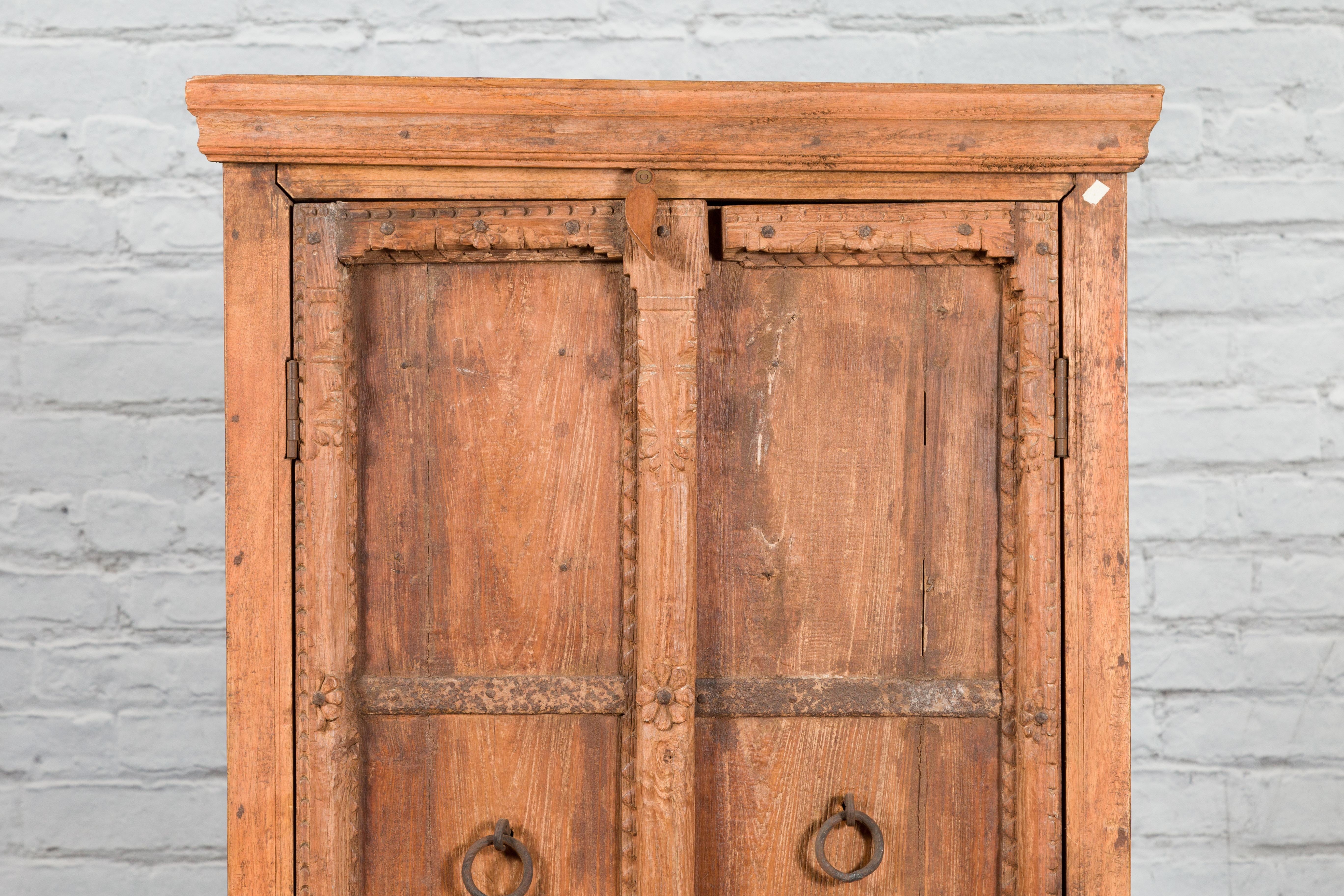 Mid 19th Century Indian Cabinet with Hand-Carved Floral Motifs and Iron Hardware For Sale 1