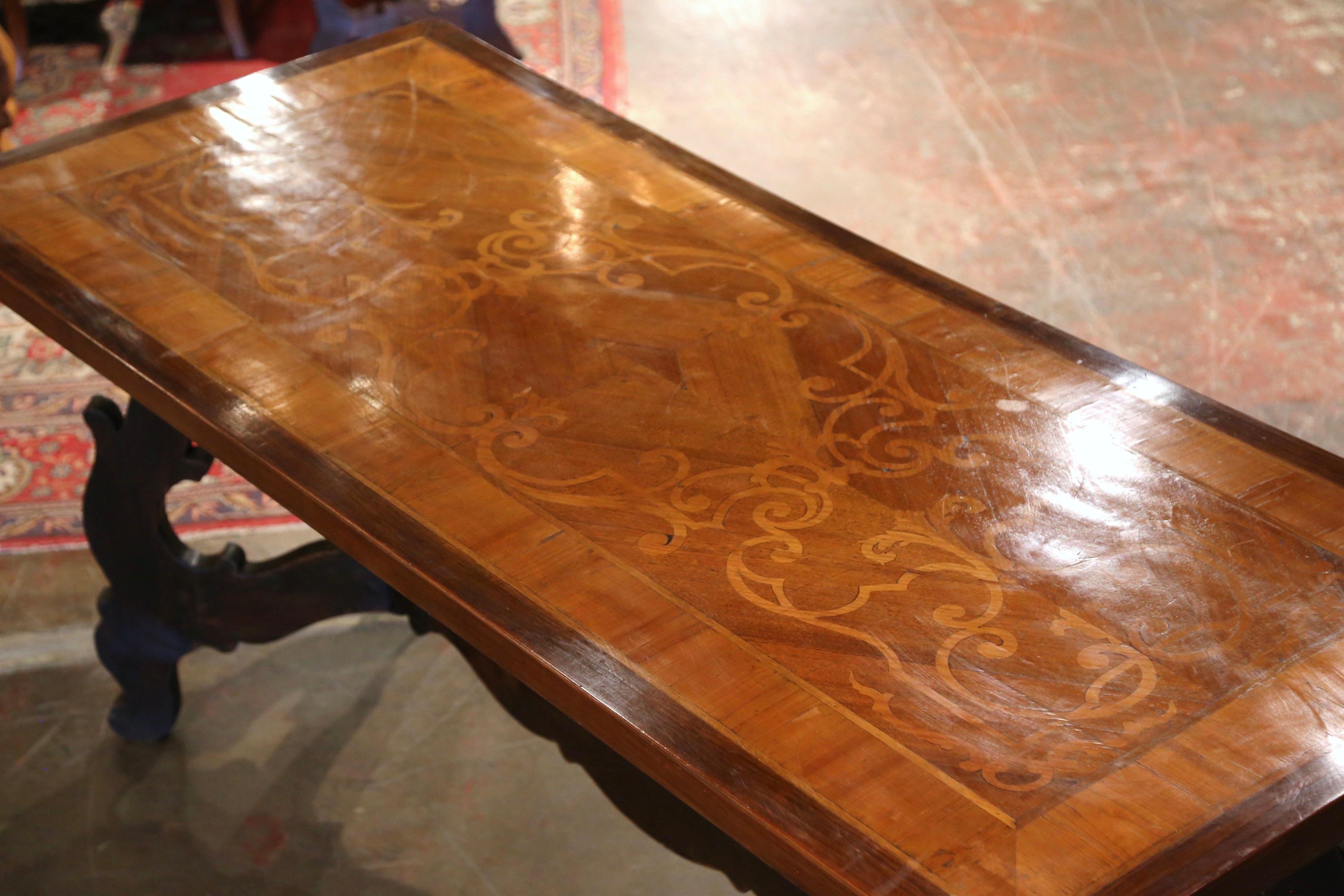 Patinated Mid-19th Century Italian Baroque Carved Walnut Marquetry Trestle Dining Table