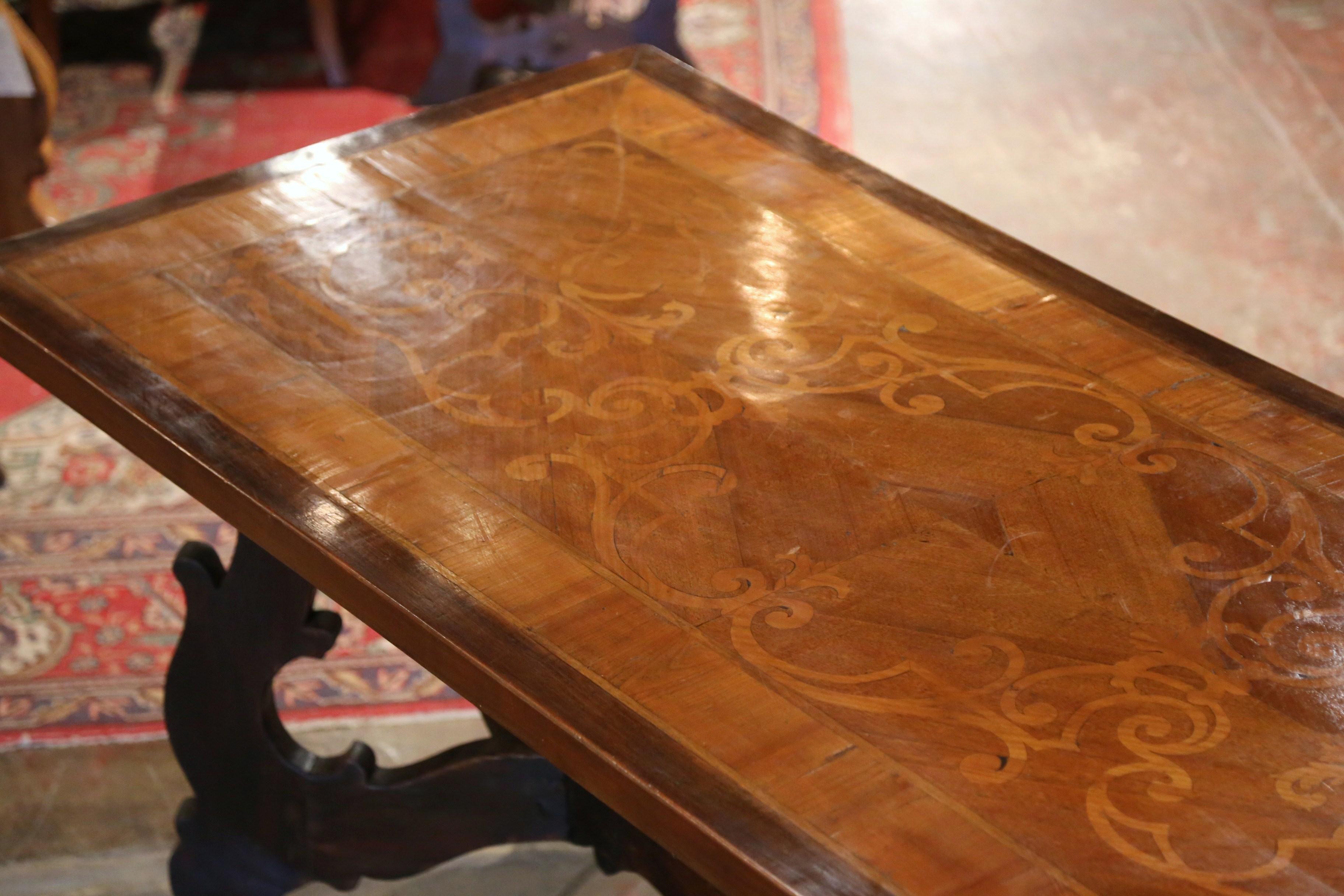Mid-19th Century Italian Baroque Carved Walnut Marquetry Trestle Dining Table In Excellent Condition In Dallas, TX