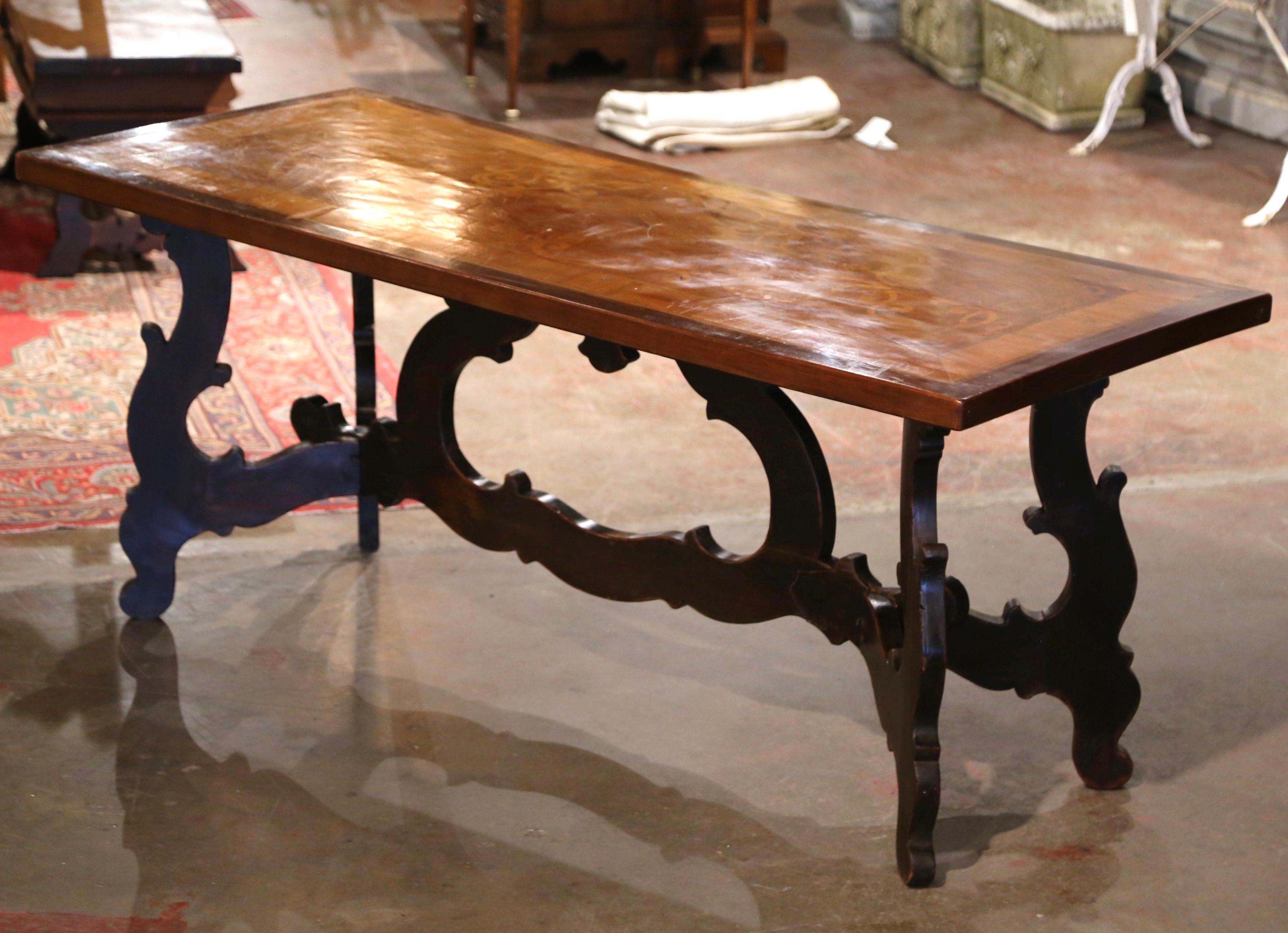 Mid-19th Century Italian Baroque Carved Walnut Marquetry Trestle Dining Table 1