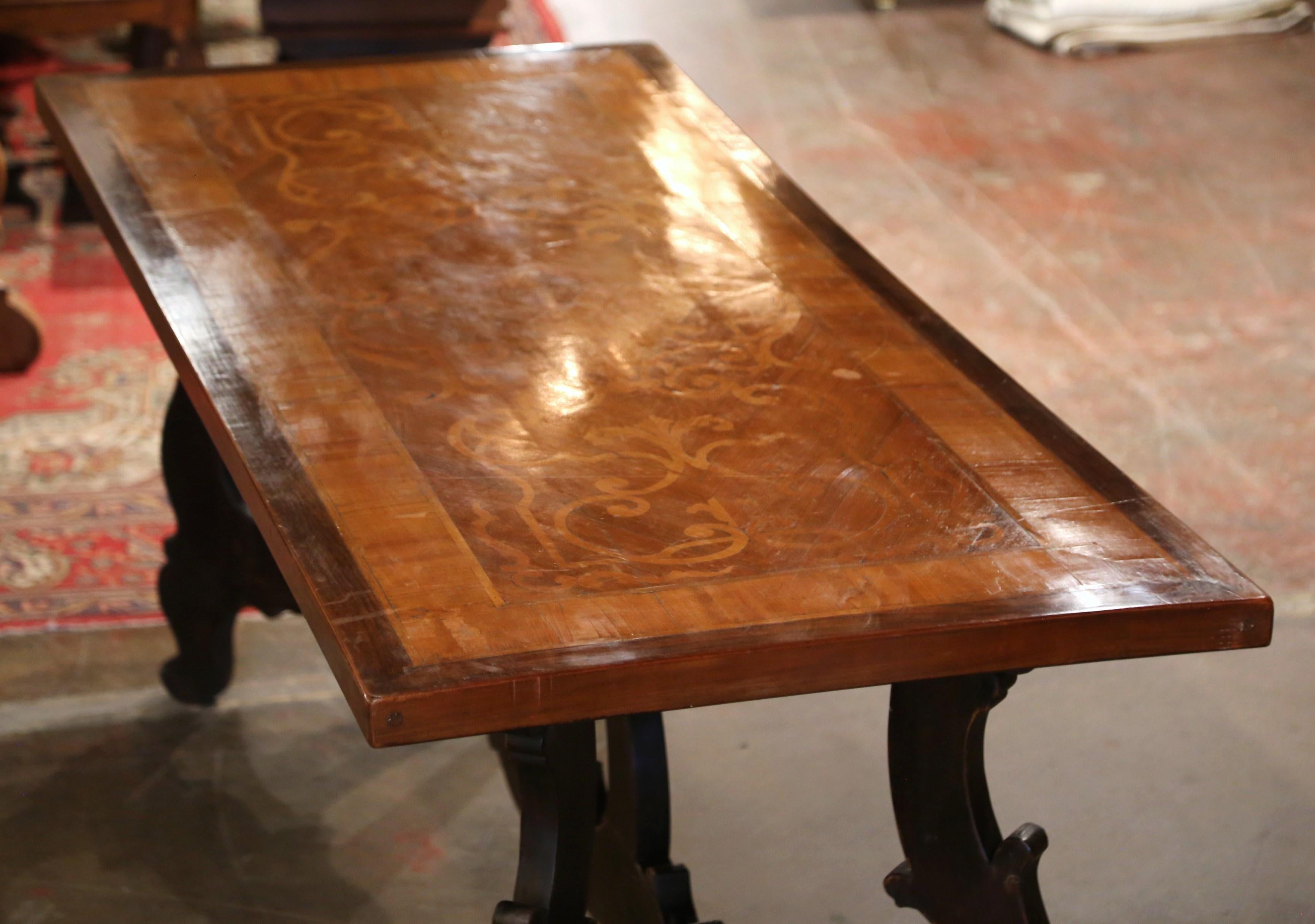 Mid-19th Century Italian Baroque Carved Walnut Marquetry Trestle Dining Table 3