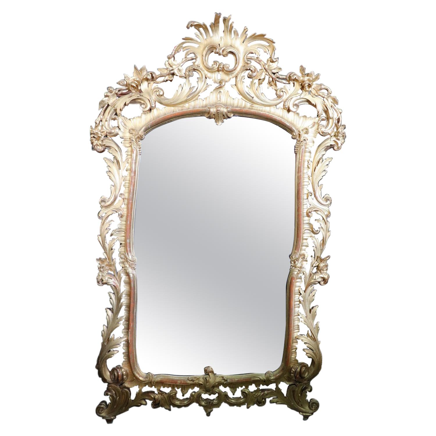 Mid-19th Century Italian Baroque Style Carved and Gilded Wood Large Wall Mirror