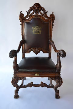 Mid-19th Century Italian Baroque Style Walnut & Leather Throne Chair