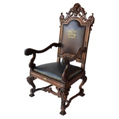Mid-19th Century Italian Baroque Style Walnut & Leather Throne Chair