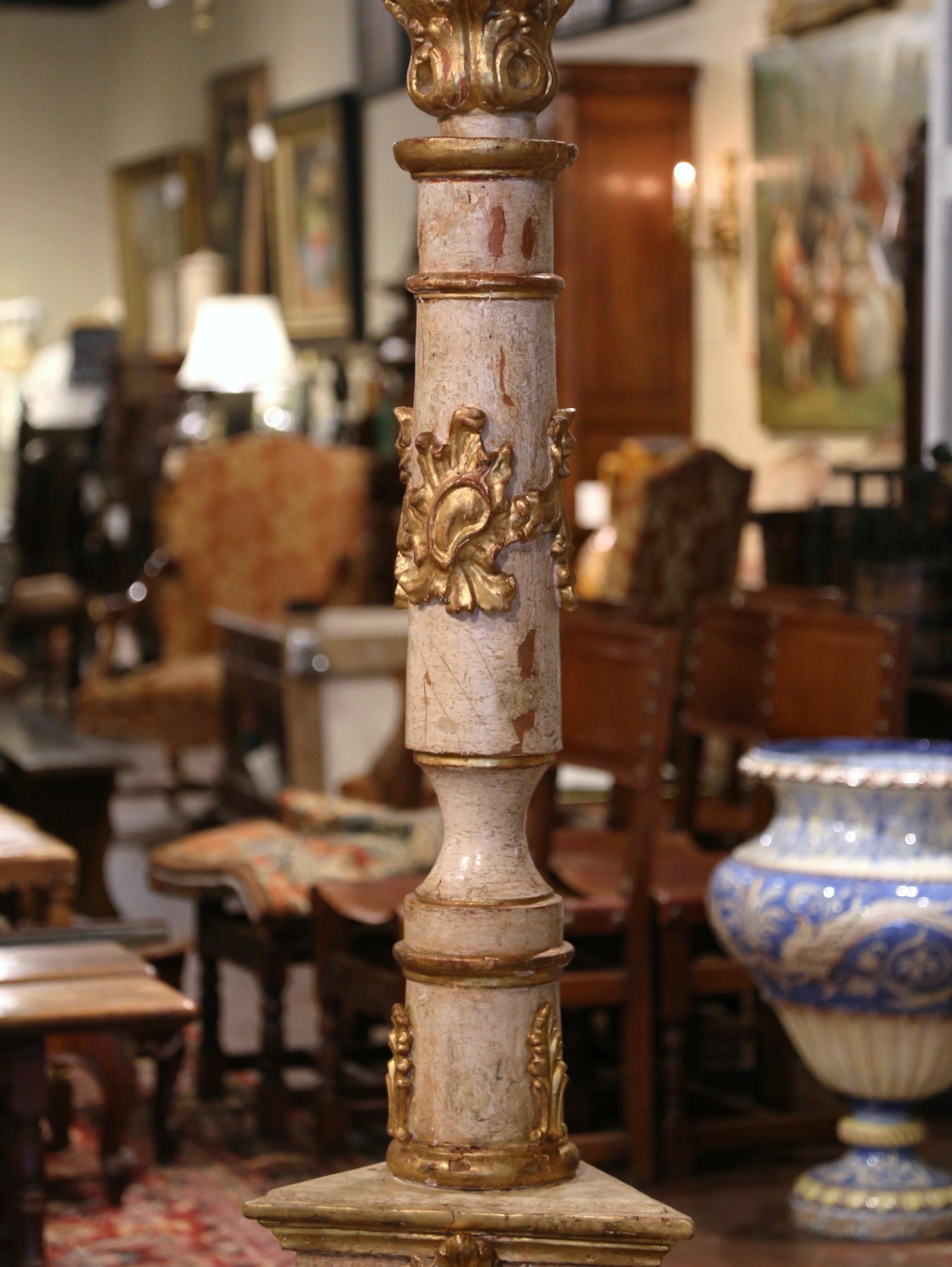 Hand-Painted Mid-19th Century Italian Carved Polychrome and Gilt Candle Holder Floor Lamp For Sale