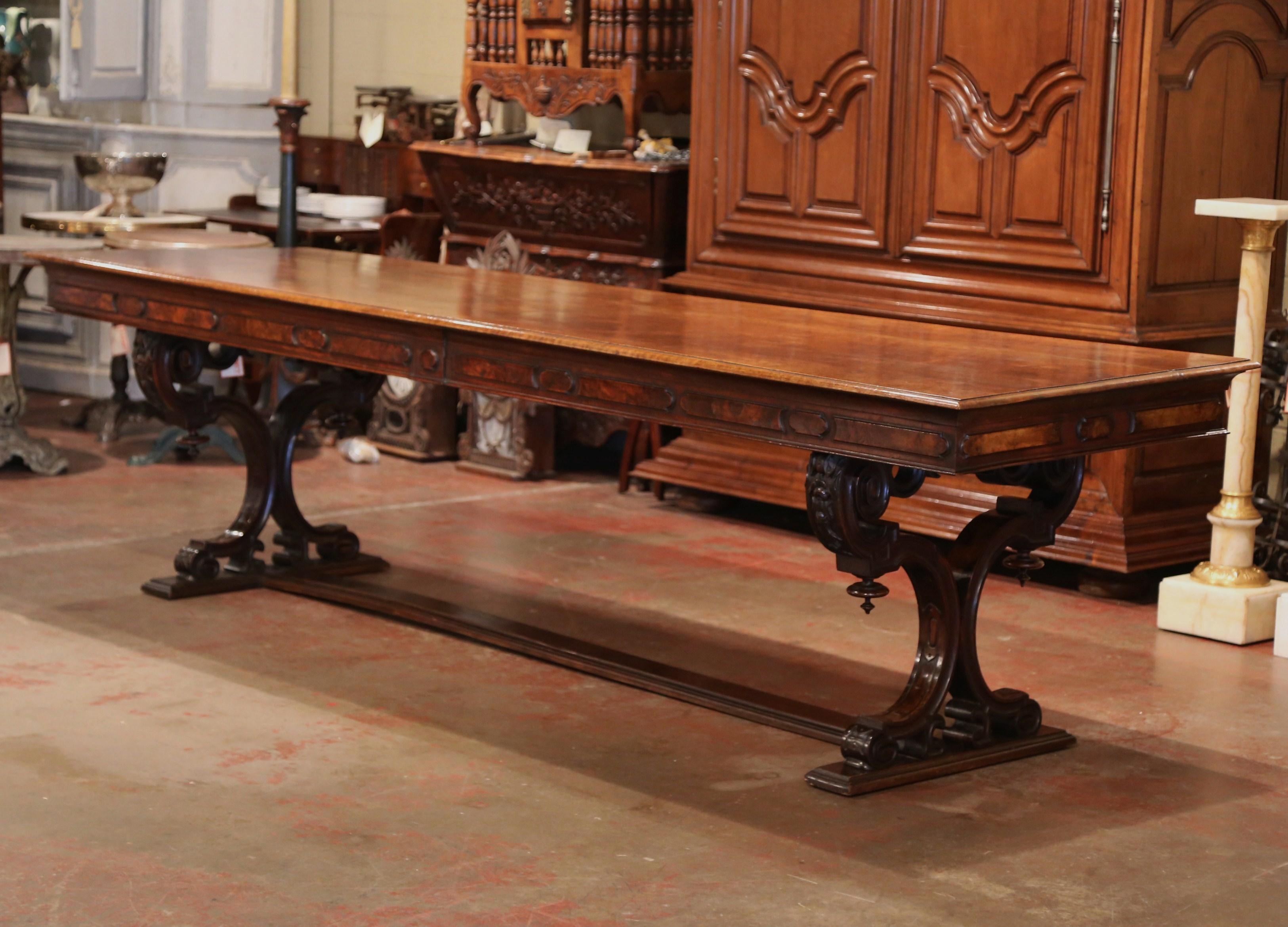 Mid-19th Century Italian Carved Walnut Renaissance Trestle Dining Table Desk 1
