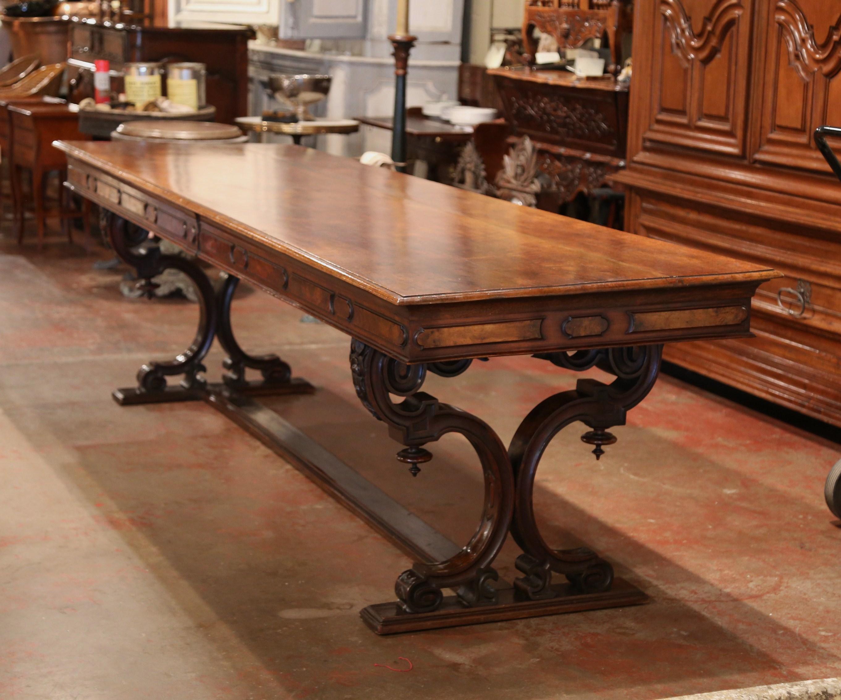 Mid-19th Century Italian Carved Walnut Renaissance Trestle Dining Table Desk 3