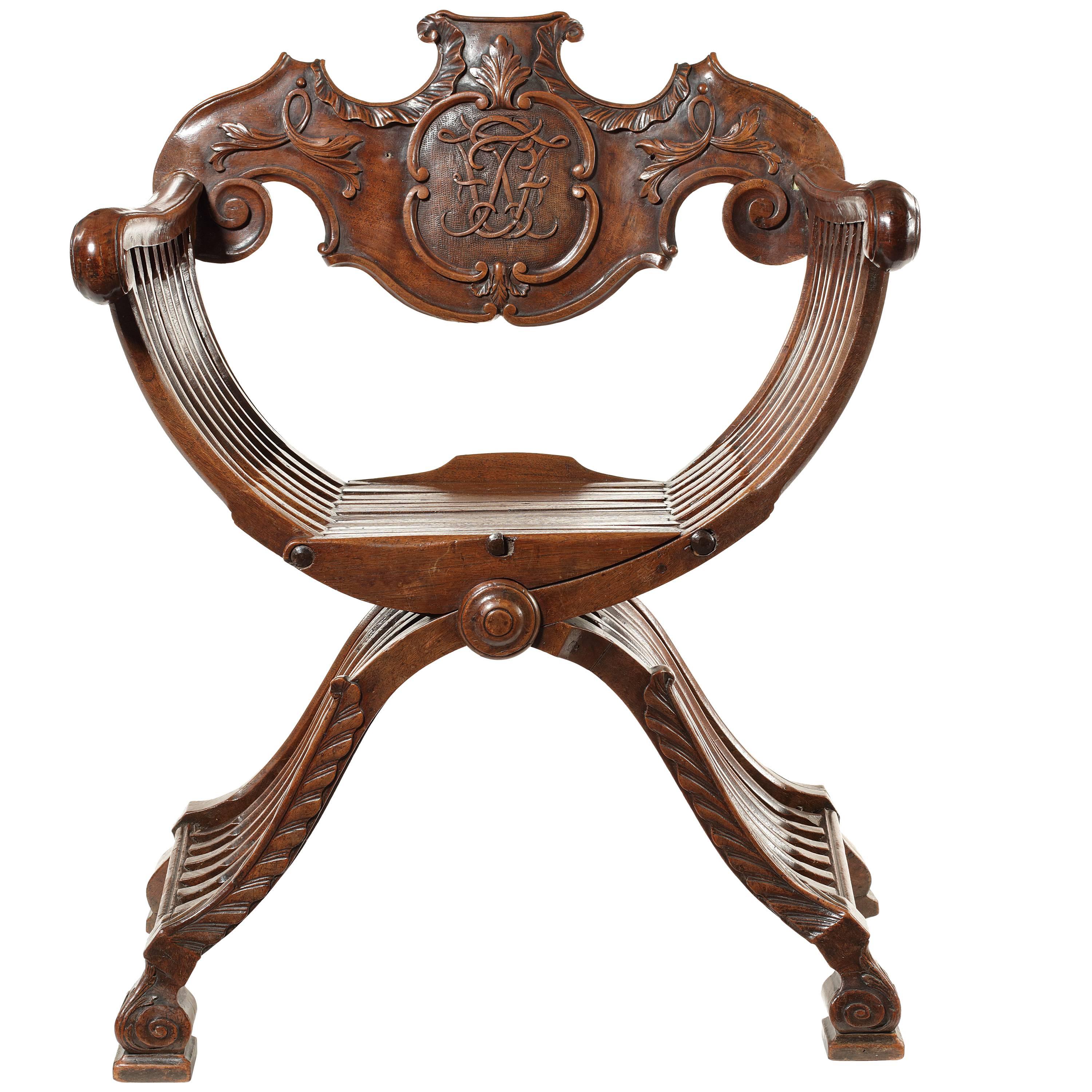 Mid-19th Century Italian Carved Walnut 
Savonarola
 Chair