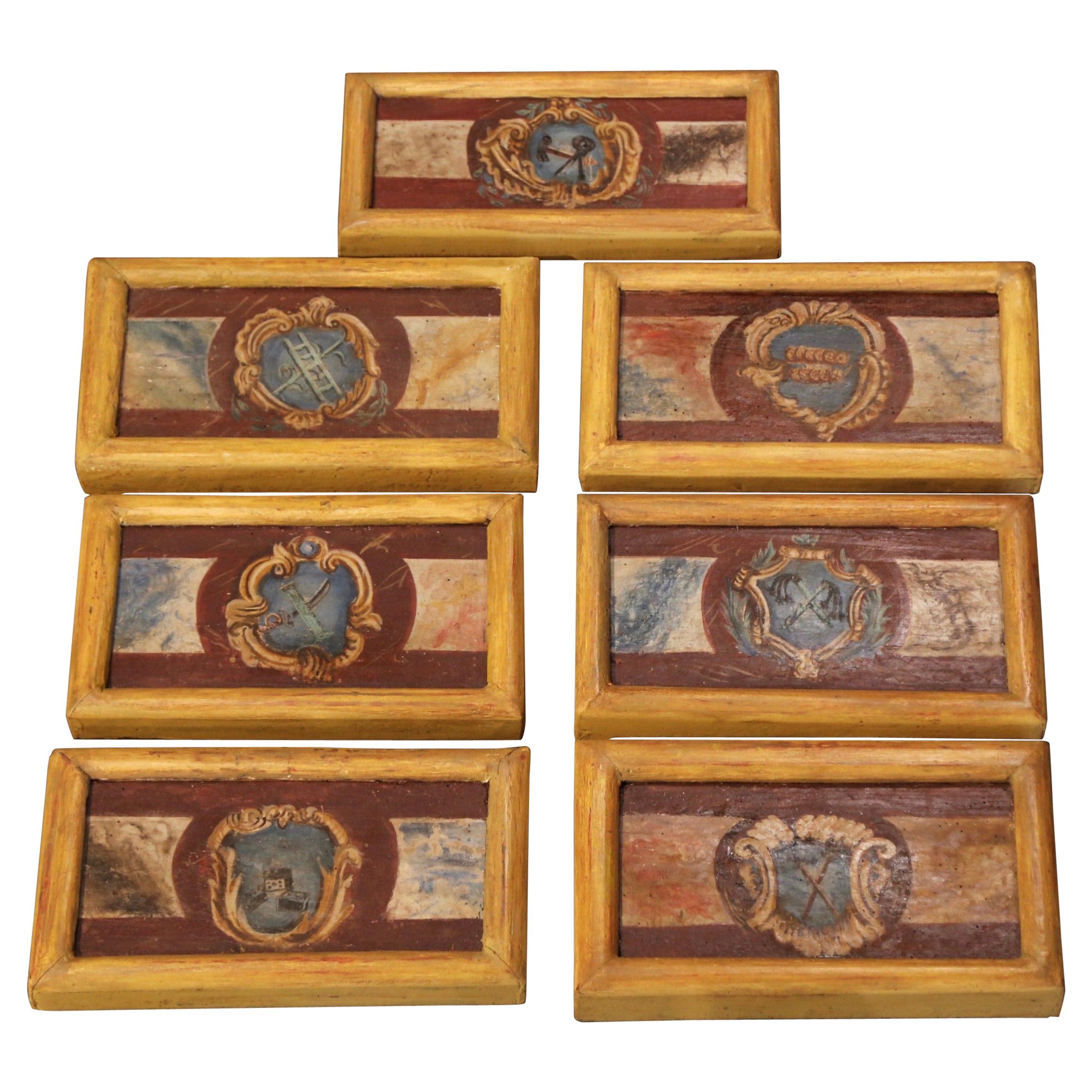 Mid-19th Century Italian Framed Hand Painted Wooden Wall Decors - Set of Seven  For Sale