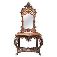 Antique Mid-19th Century Italian Hand Carved Walnut Console Table with Mirror