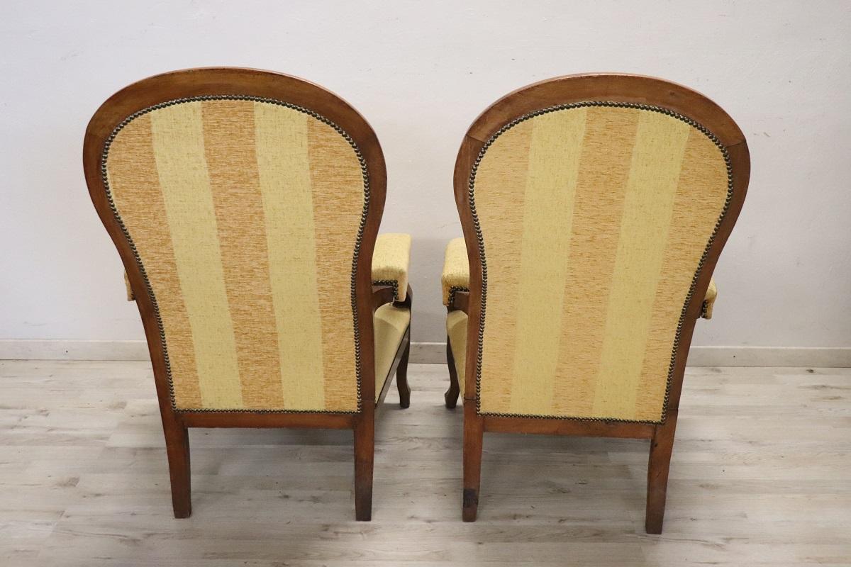 Mid 19th Century Italian Louis Philippe Pair of Antique Reclining Armchairs For Sale 6