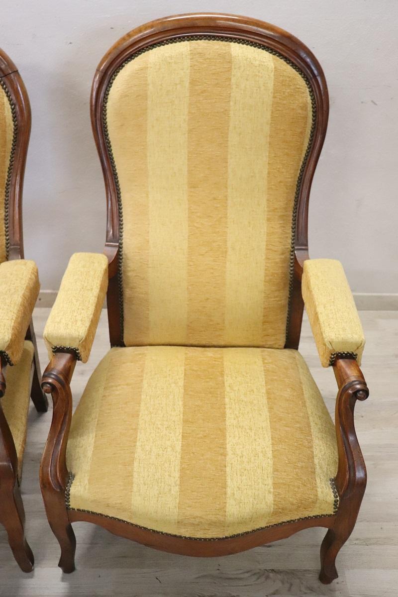 Walnut Mid 19th Century Italian Louis Philippe Pair of Antique Reclining Armchairs For Sale