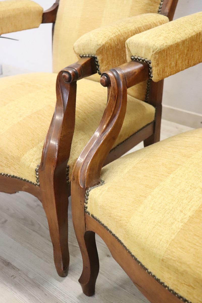 Mid 19th Century Italian Louis Philippe Pair of Antique Reclining Armchairs For Sale 2
