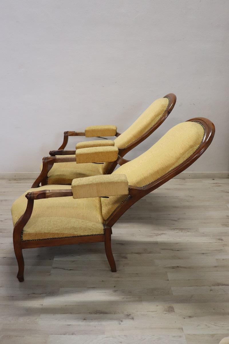 Mid 19th Century Italian Louis Philippe Pair of Antique Reclining Armchairs For Sale 4
