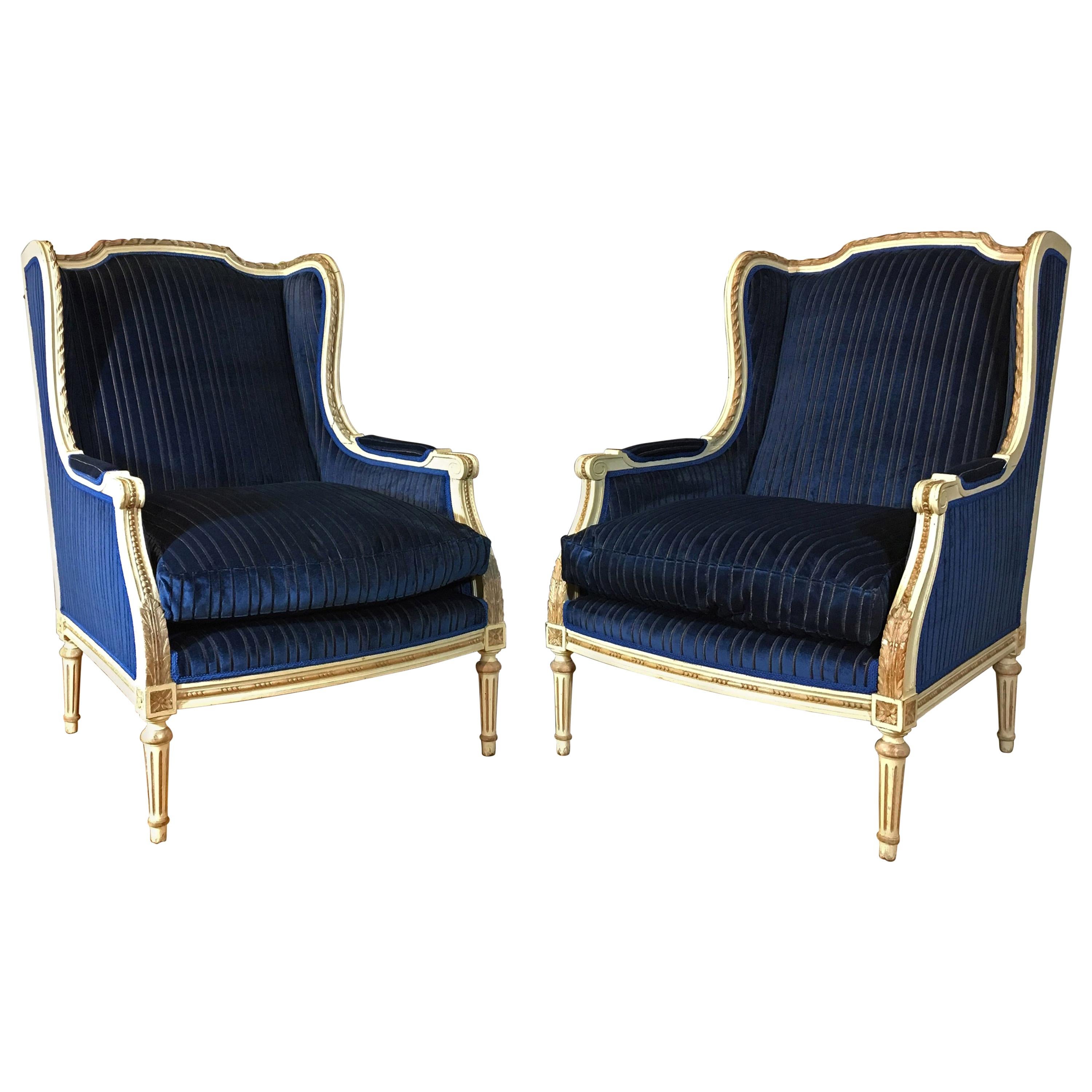 Mid-19th Century Italian Louis XVI Style Painted Polpar Wood Wing Chairs For Sale