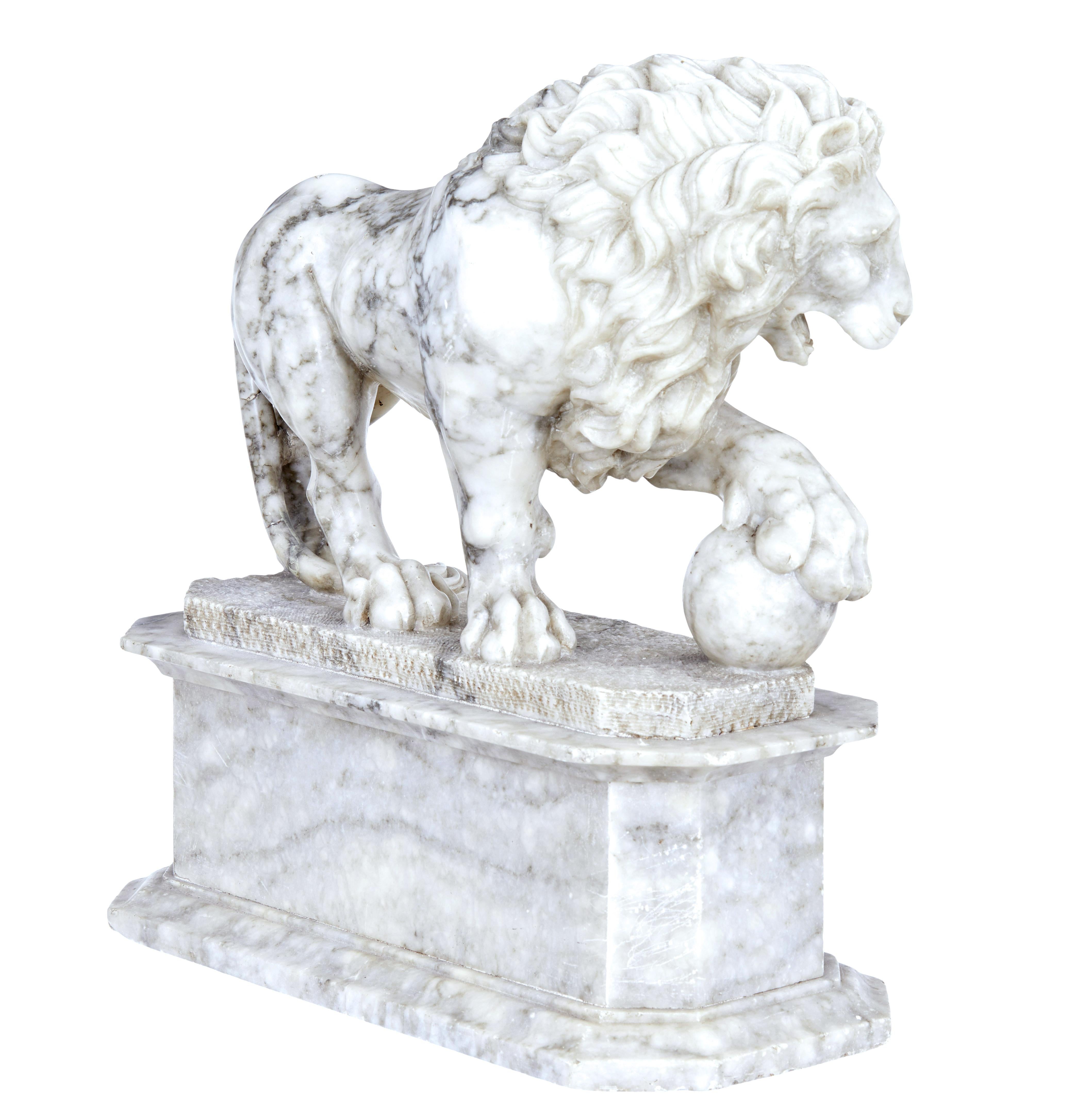 Hand-Carved Mid 19th Century Italian Marble Statue of a Lion