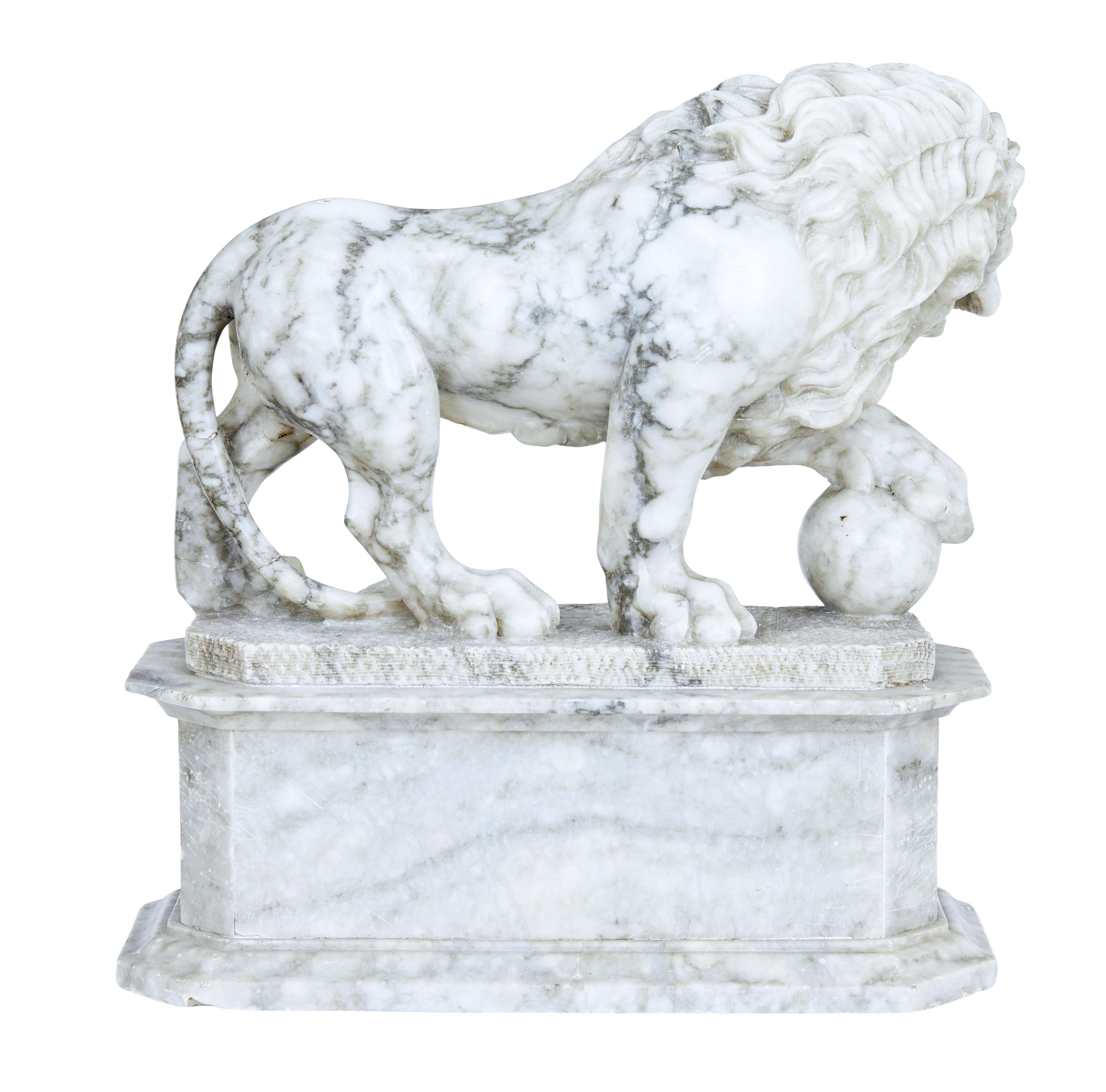Hand-Carved Mid-19th Century Italian Marble Statue of a Lion