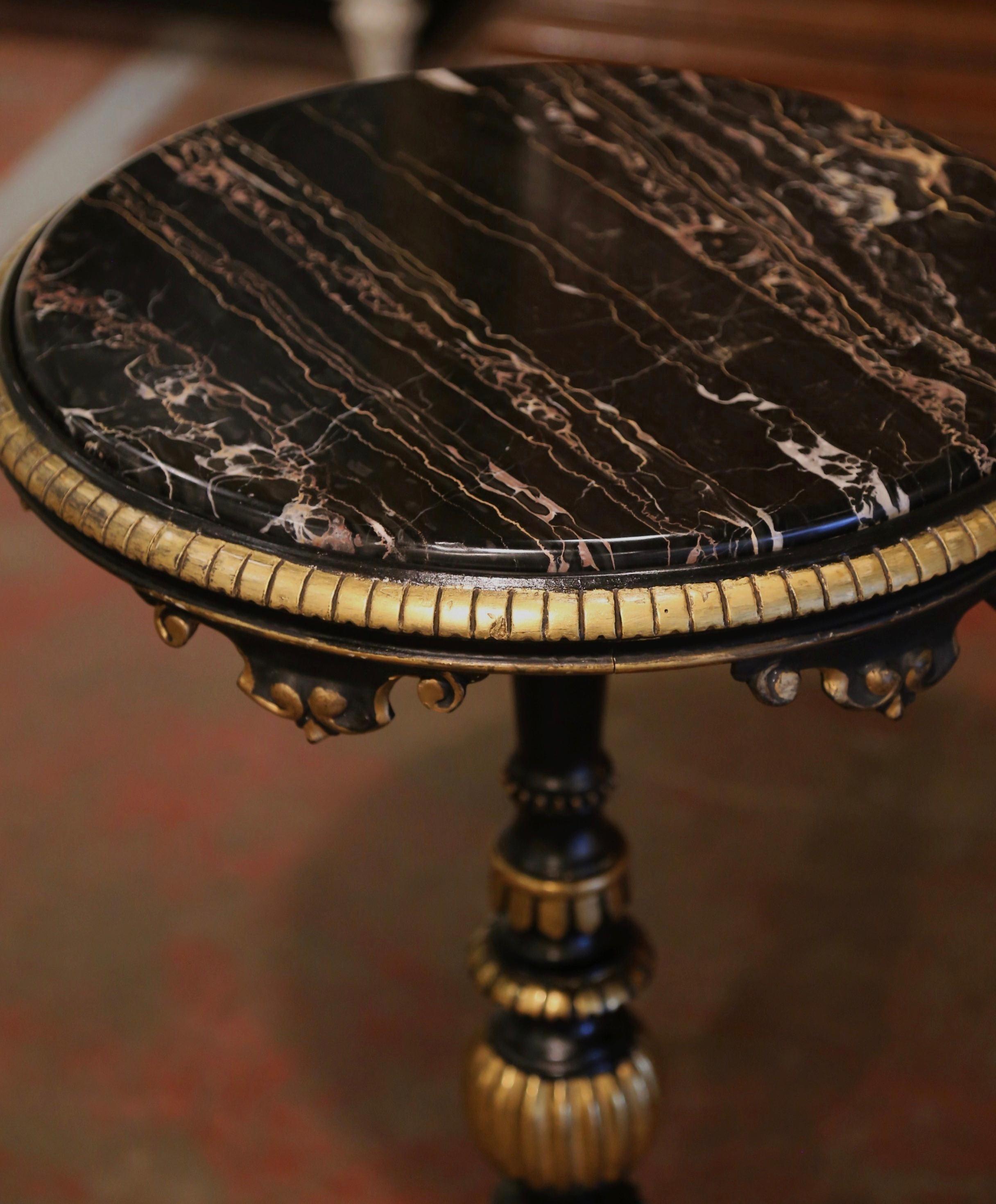 Napoleon III Mid-19th Century Italian Marble Top Carved Giltwood and Blackened Pedestal Table