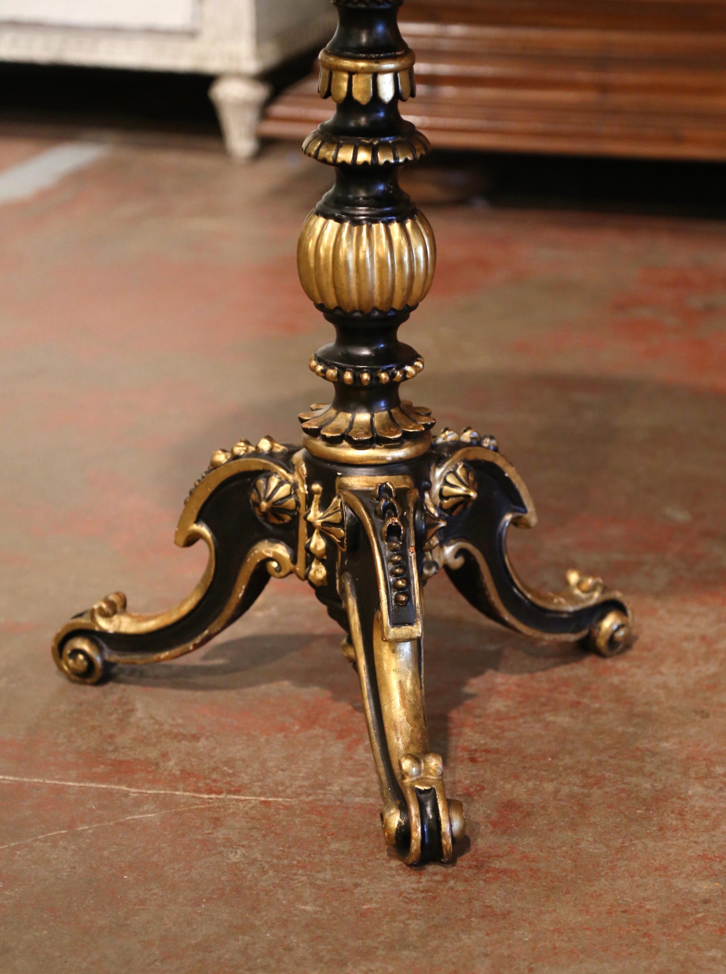 Mid-19th Century Italian Marble Top Carved Giltwood and Blackened Pedestal Table In Excellent Condition In Dallas, TX