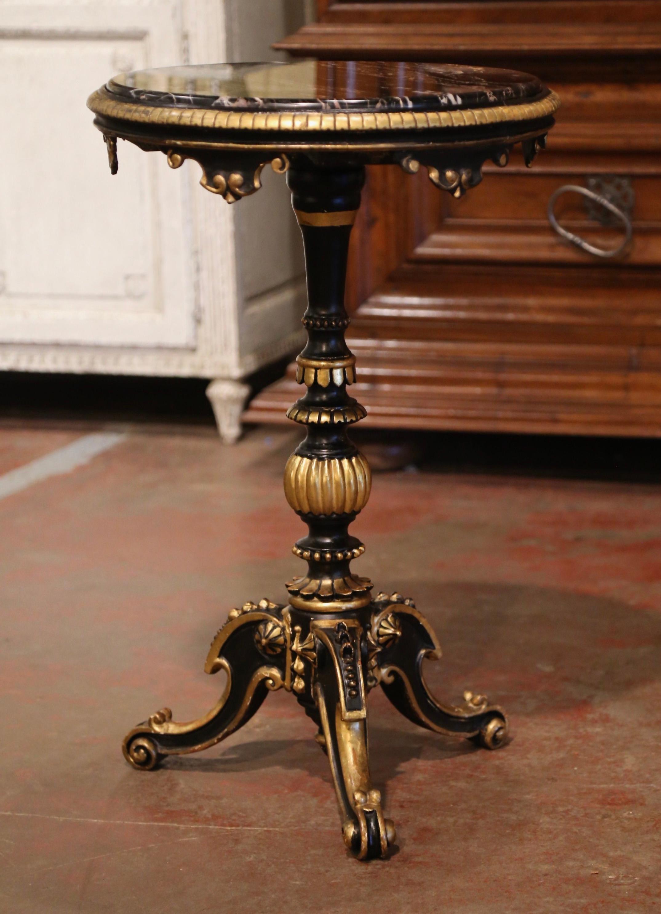 Mid-19th Century Italian Marble Top Carved Giltwood and Blackened Pedestal Table 1