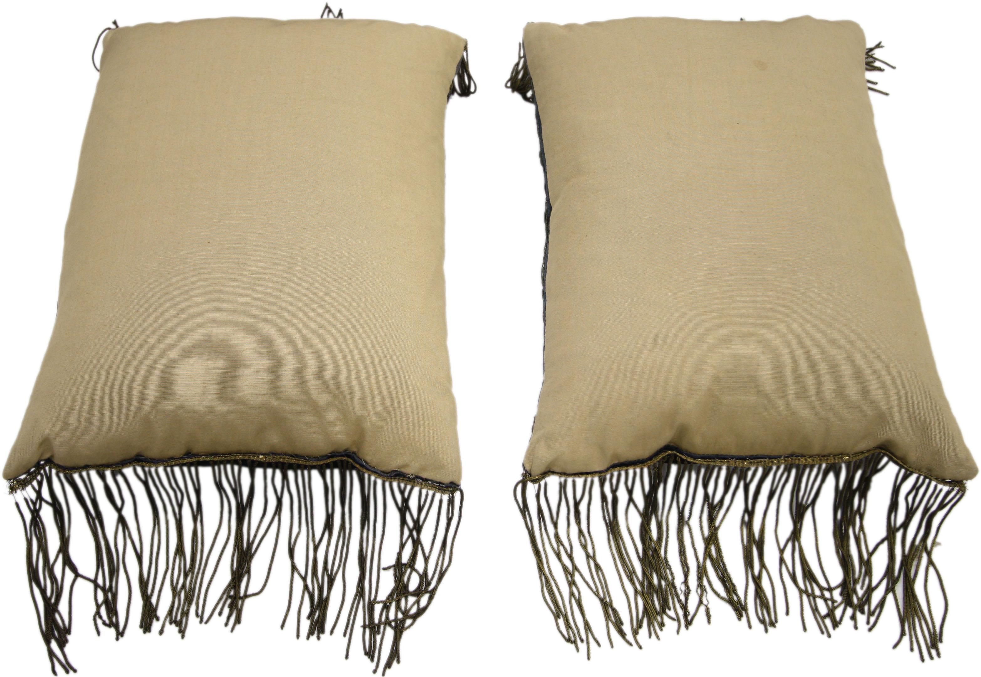 Baroque Mid-19th Century Italian Metallic Embroidered Velvet Pillows Metallic Fringe For Sale