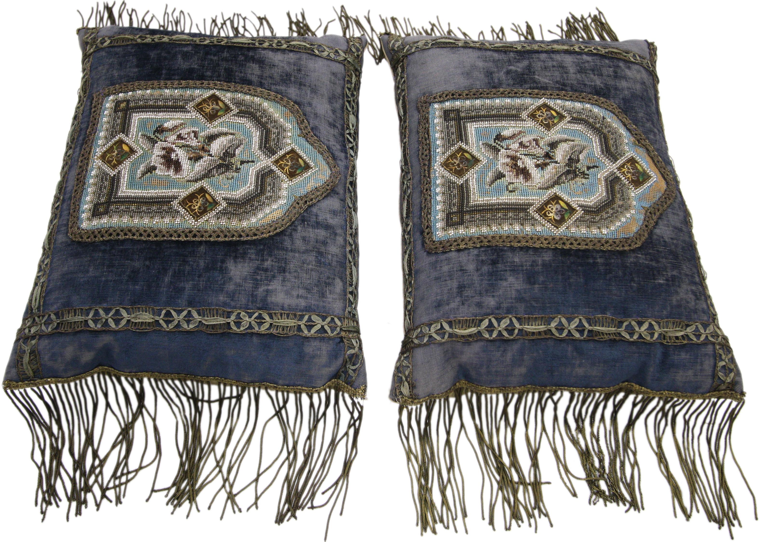 Mid-19th Century Italian Metallic Embroidered Velvet Pillows Metallic Fringe In Distressed Condition For Sale In Dallas, TX