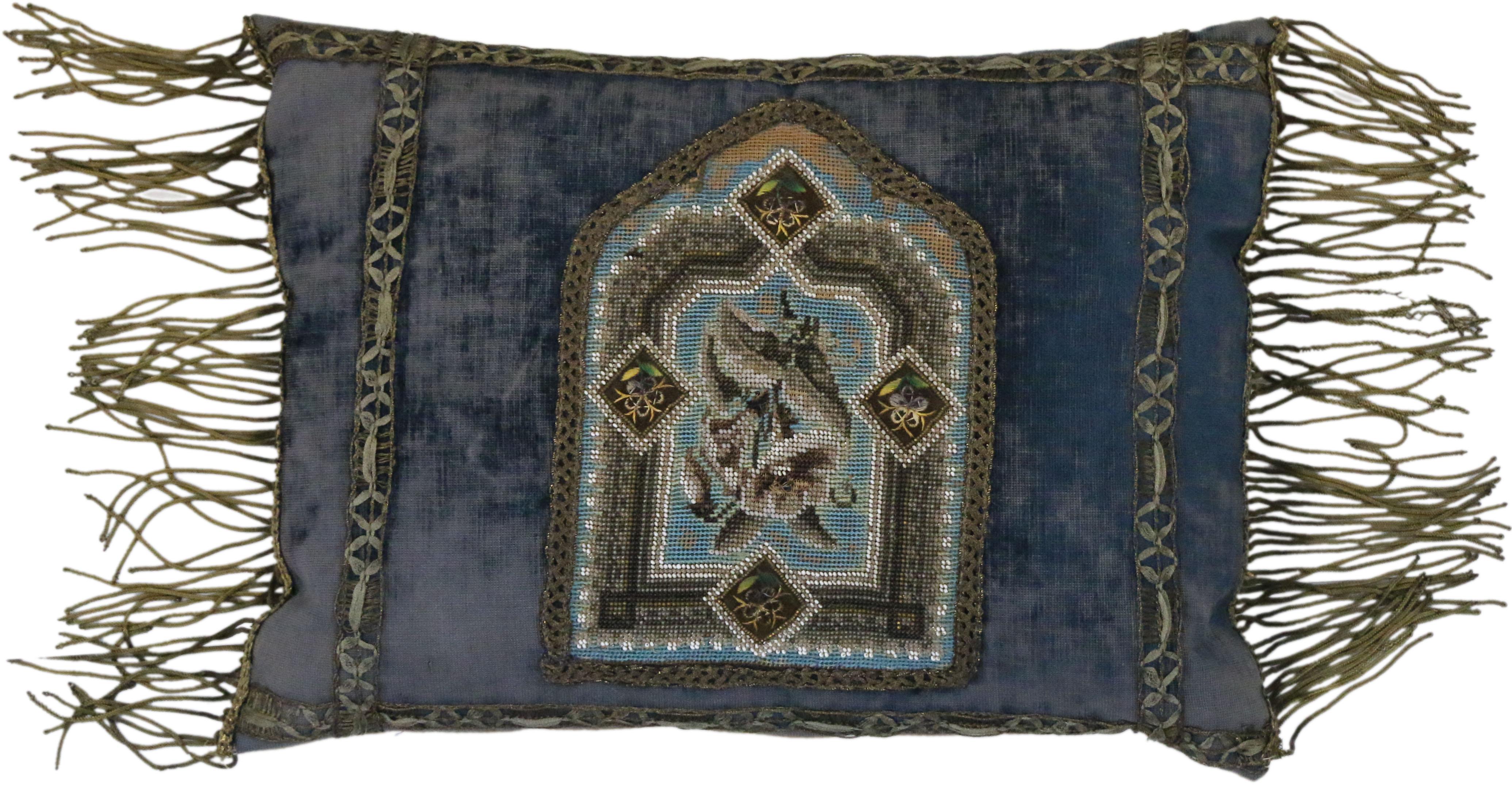 Metallic Thread Mid-19th Century Italian Metallic Embroidered Velvet Pillows Metallic Fringe For Sale
