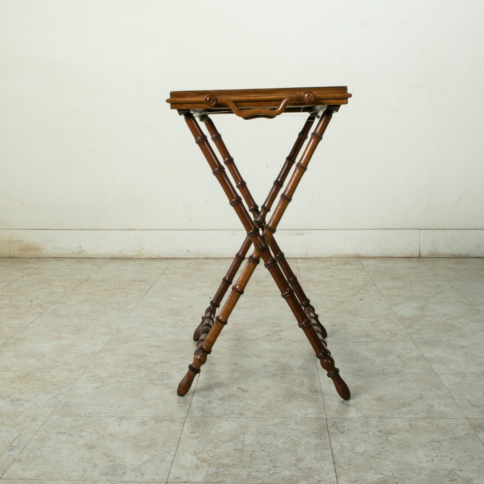 Fabric Mid-19th Century Italian Olive Wood Faux Bamboo Folding Tray Table or Side Table