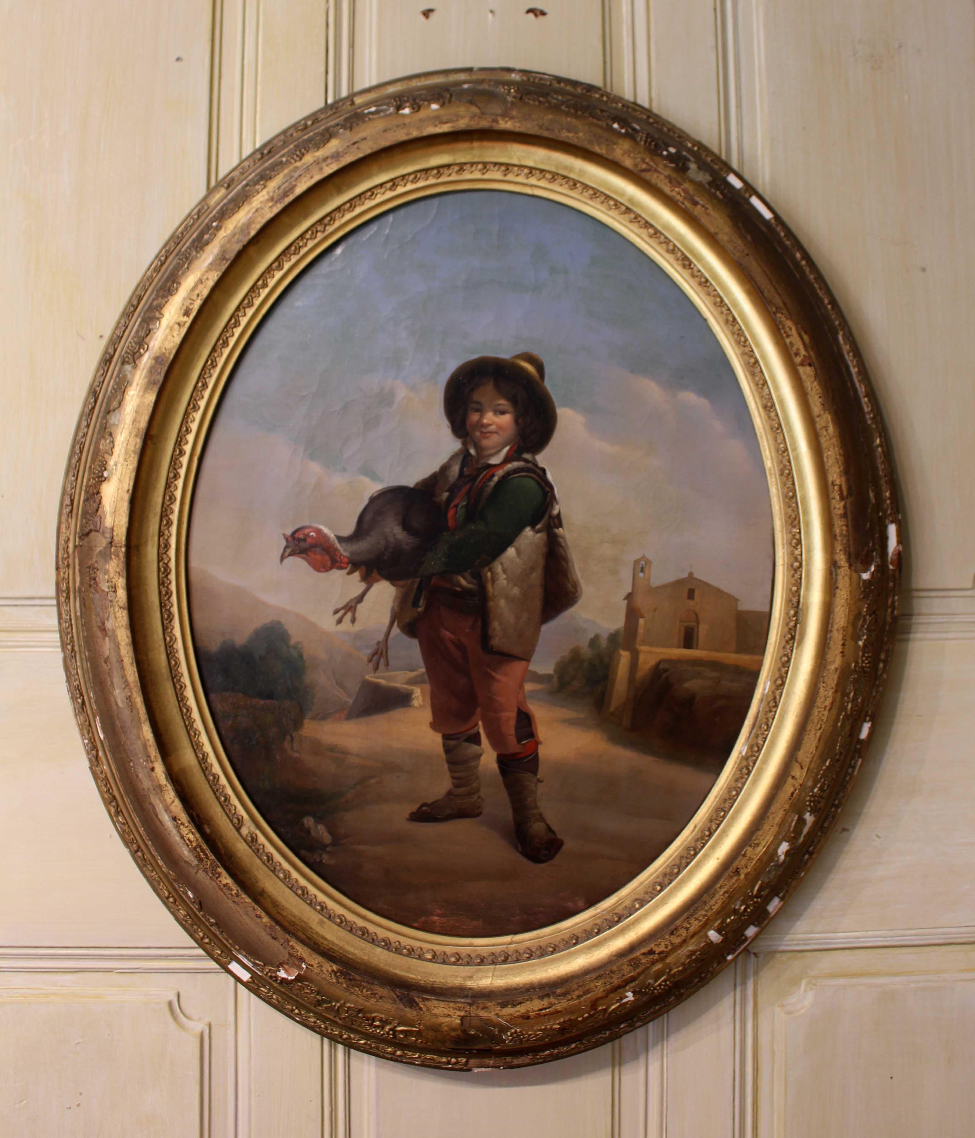 A charming mid-19th century Italian oval portrait of a boy with turkey. In the apparently original frame and untouched canvas. Unsigned. Losses to the frame. Canvas: 23.5