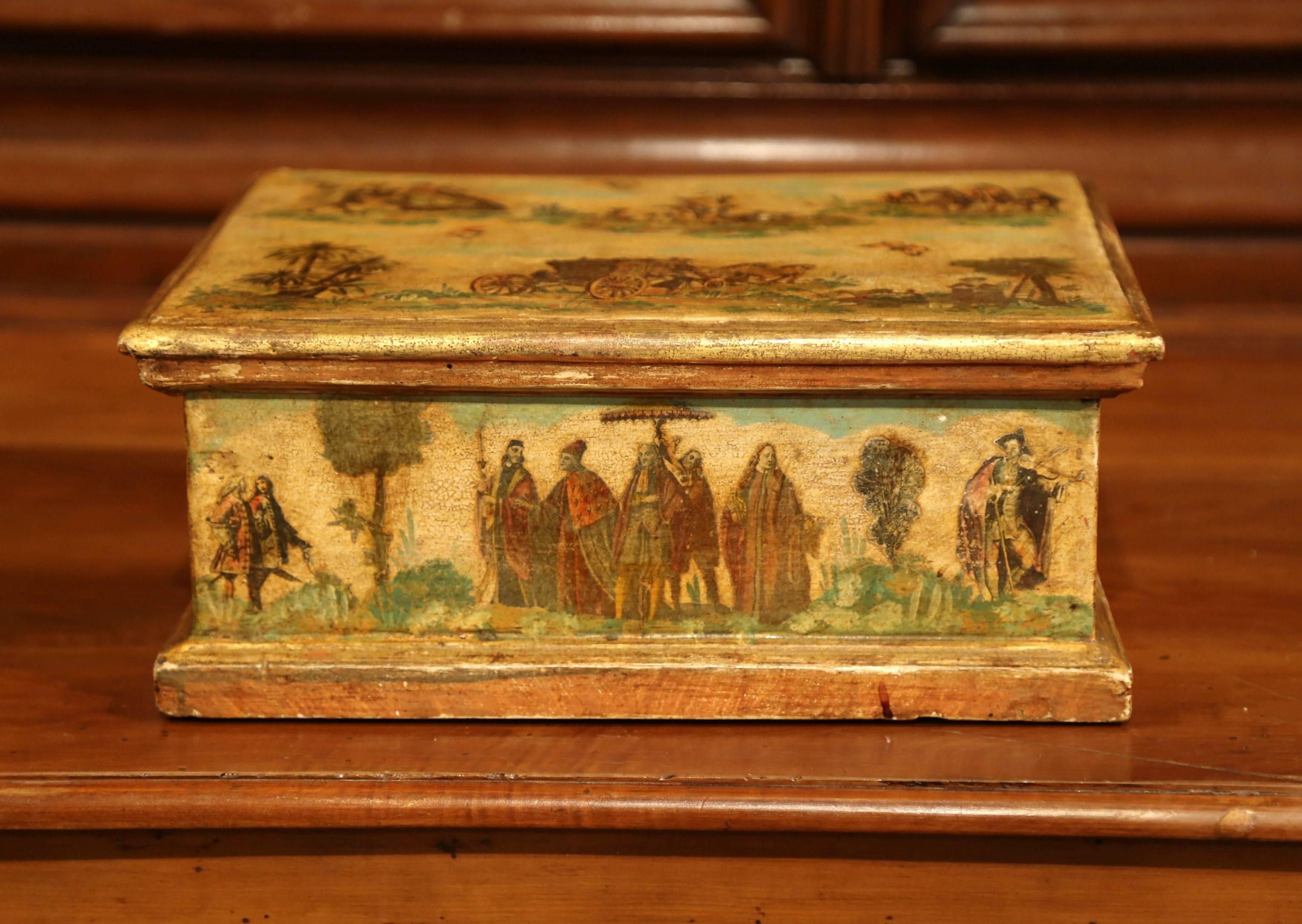 Hand-Crafted Mid-19th Century Italian Carved and Painted Decorative Box For Sale