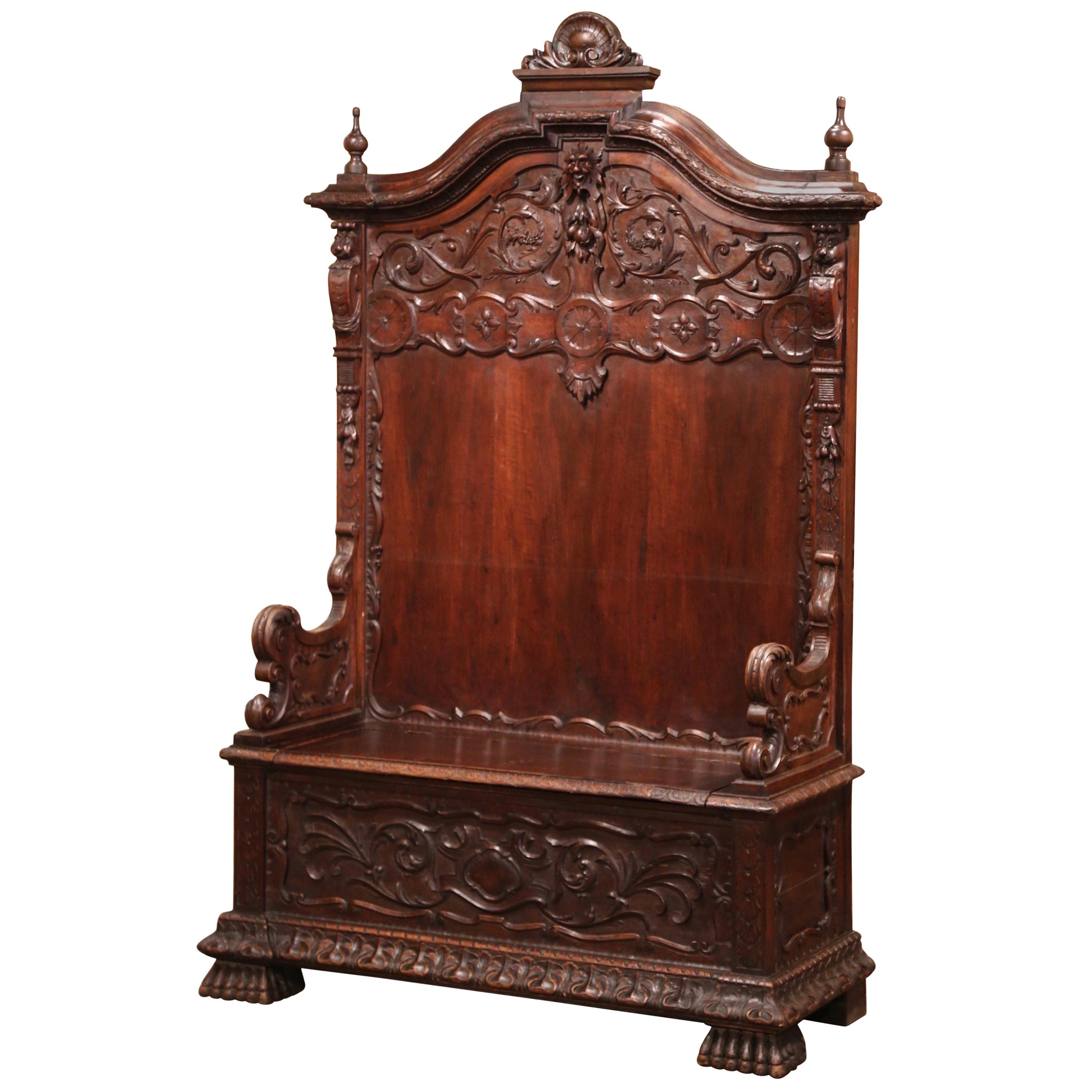 Mid-19th Century Italian Renaissance Carved Walnut Hall Bench with Storage