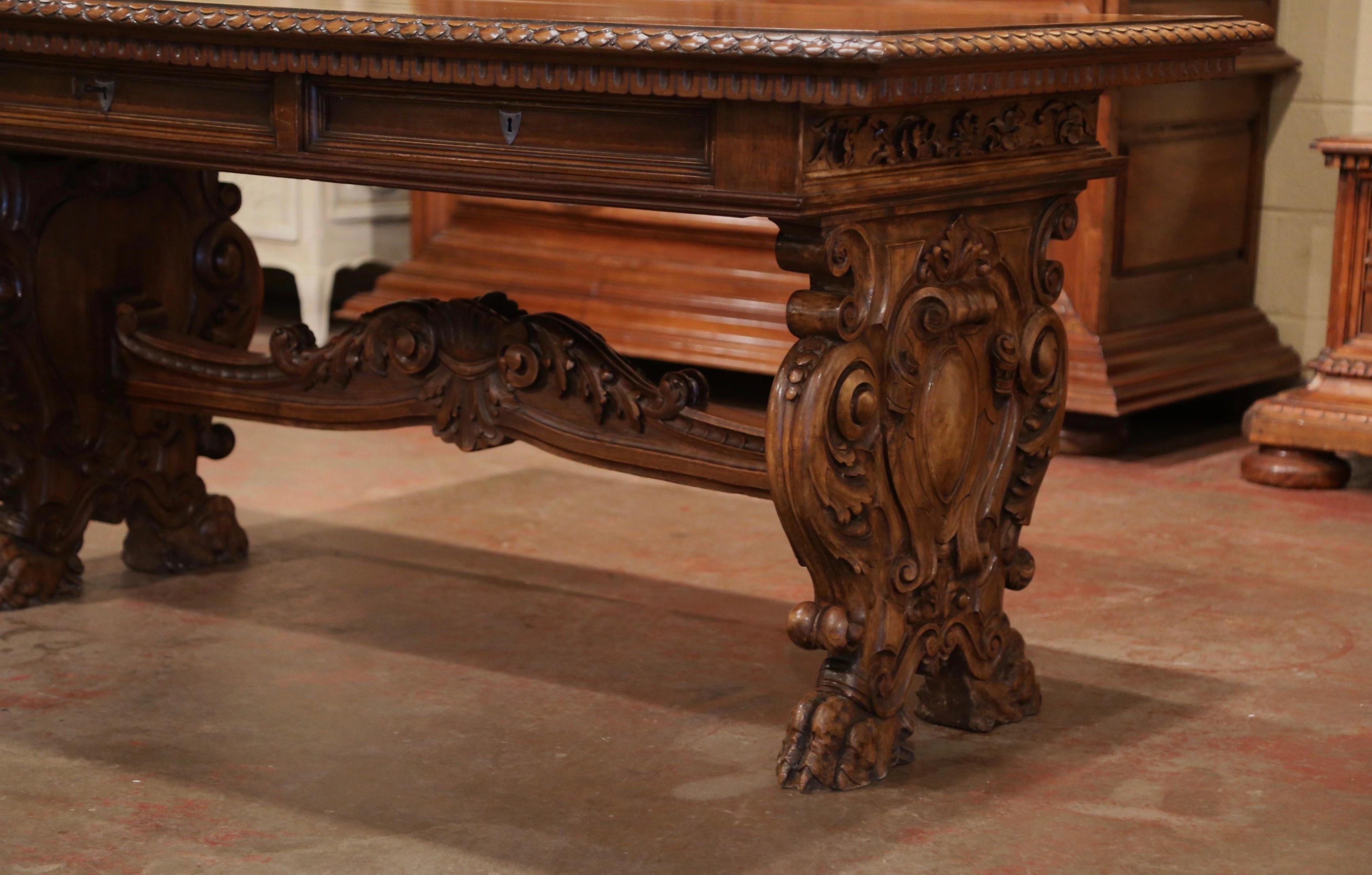 Patinated Mid-19th Century Italian Renaissance Revival Carved Walnut Writing Table Desk