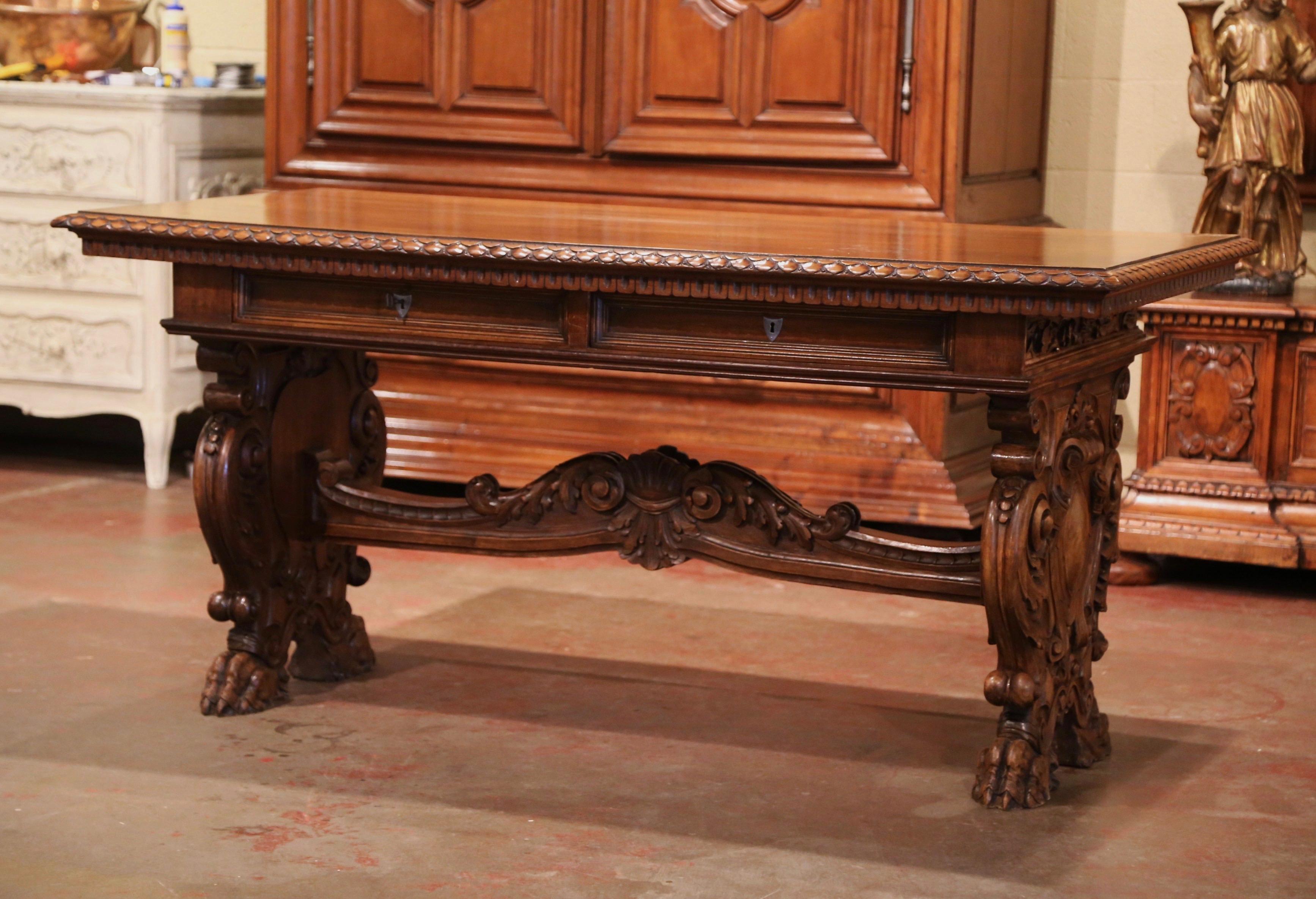 Mid-19th Century Italian Renaissance Revival Carved Walnut Writing Table Desk In Excellent Condition In Dallas, TX