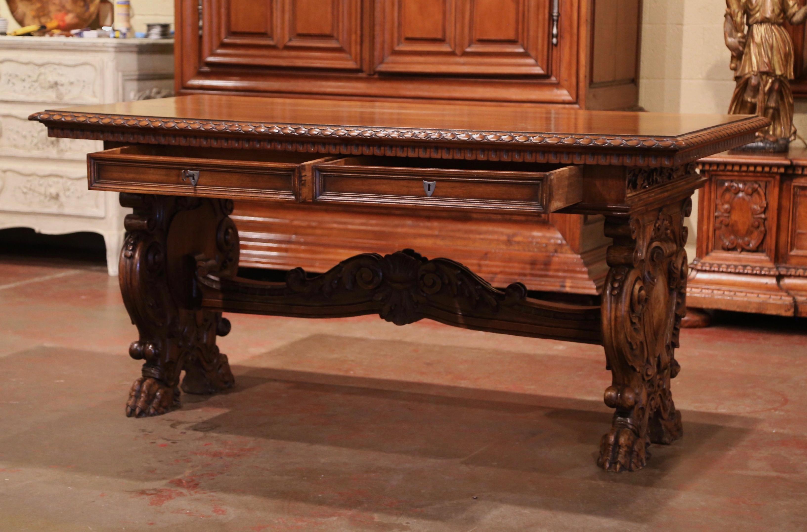 Mid-19th Century Italian Renaissance Revival Carved Walnut Writing Table Desk 2