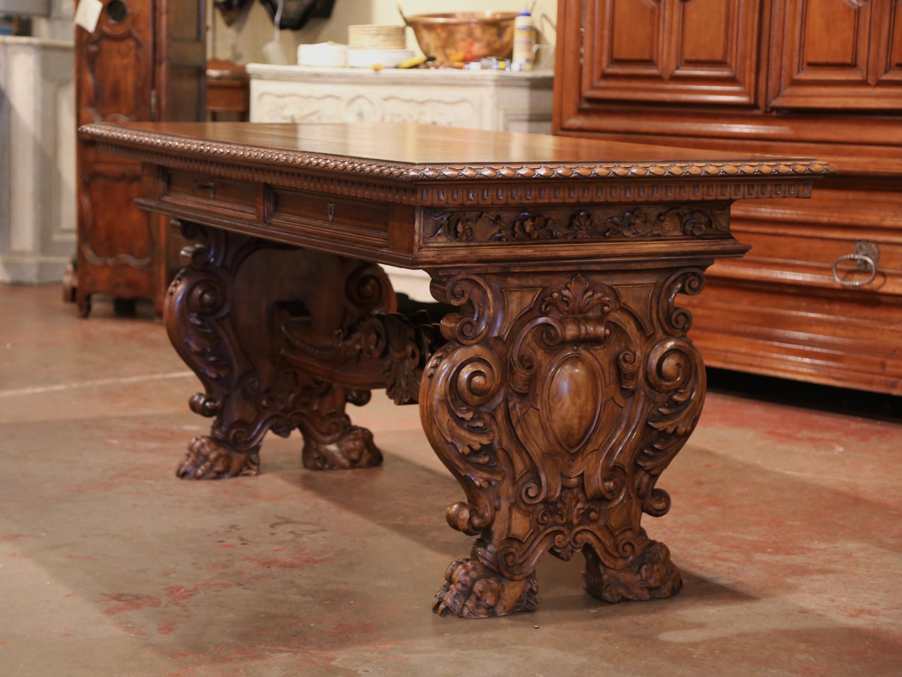 Mid-19th Century Italian Renaissance Revival Carved Walnut Writing Table Desk 3