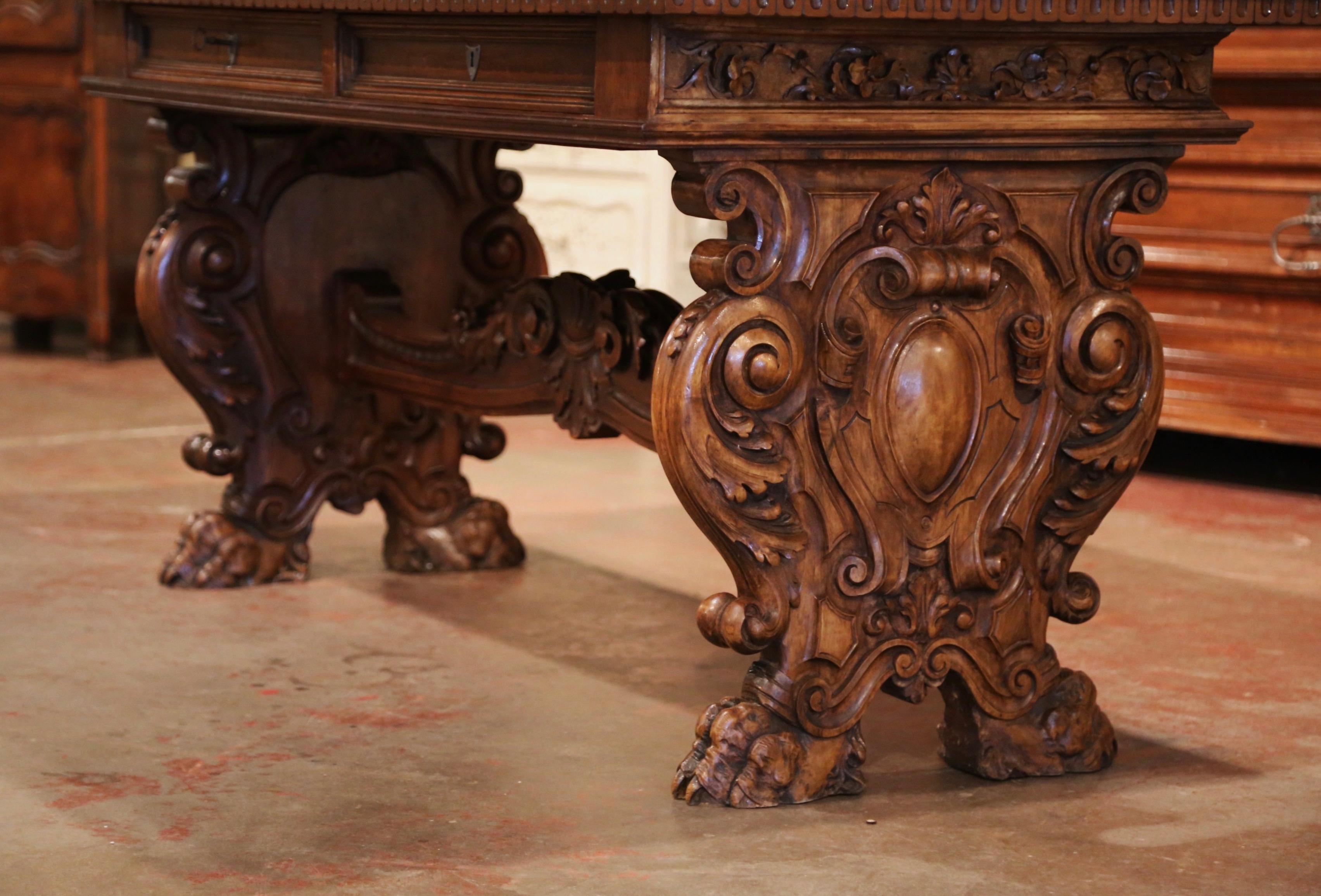 Mid-19th Century Italian Renaissance Revival Carved Walnut Writing Table Desk 4