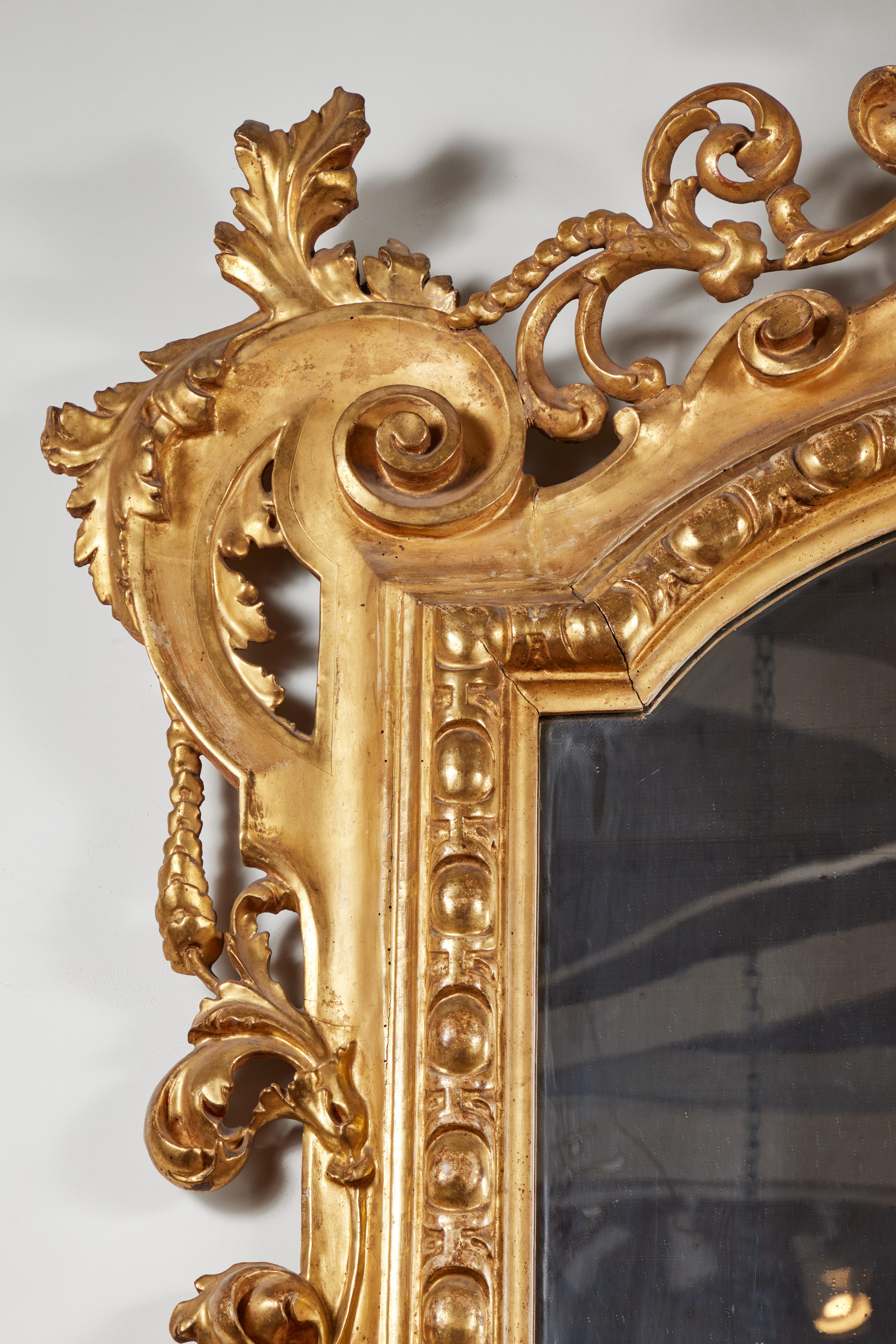 Miroir de grande taille, datant de 1850, sculpté à la main, recouvert de gesso et doré à l'or fin 22k, provenant d'Italie centrale. Le corps richement sculpté est orné de rinceaux feuillus et de grappes de fleurs, et s'élève vers une couronne percée