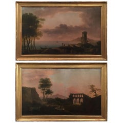 Mid-19th Century Italiano Pair of Oil on Canvas Landscape Paintings with Figures