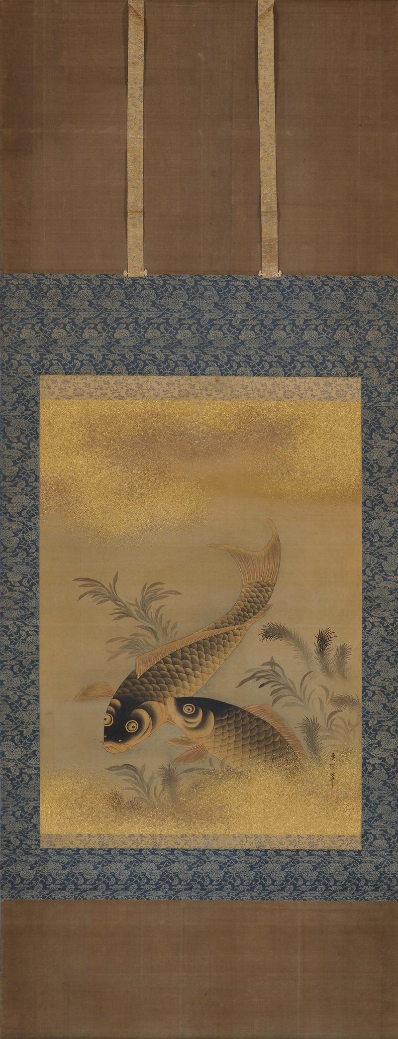 Iwase Hirotaka (1808-1877)

Koi and Water Plants

Hanging scroll, ink, color, gold wash and gold flecks on silk

Inscription: Hirotaka

Seal: Illegible

Dimensions:

Scroll:  144 cm x 54.5 cm (56.5