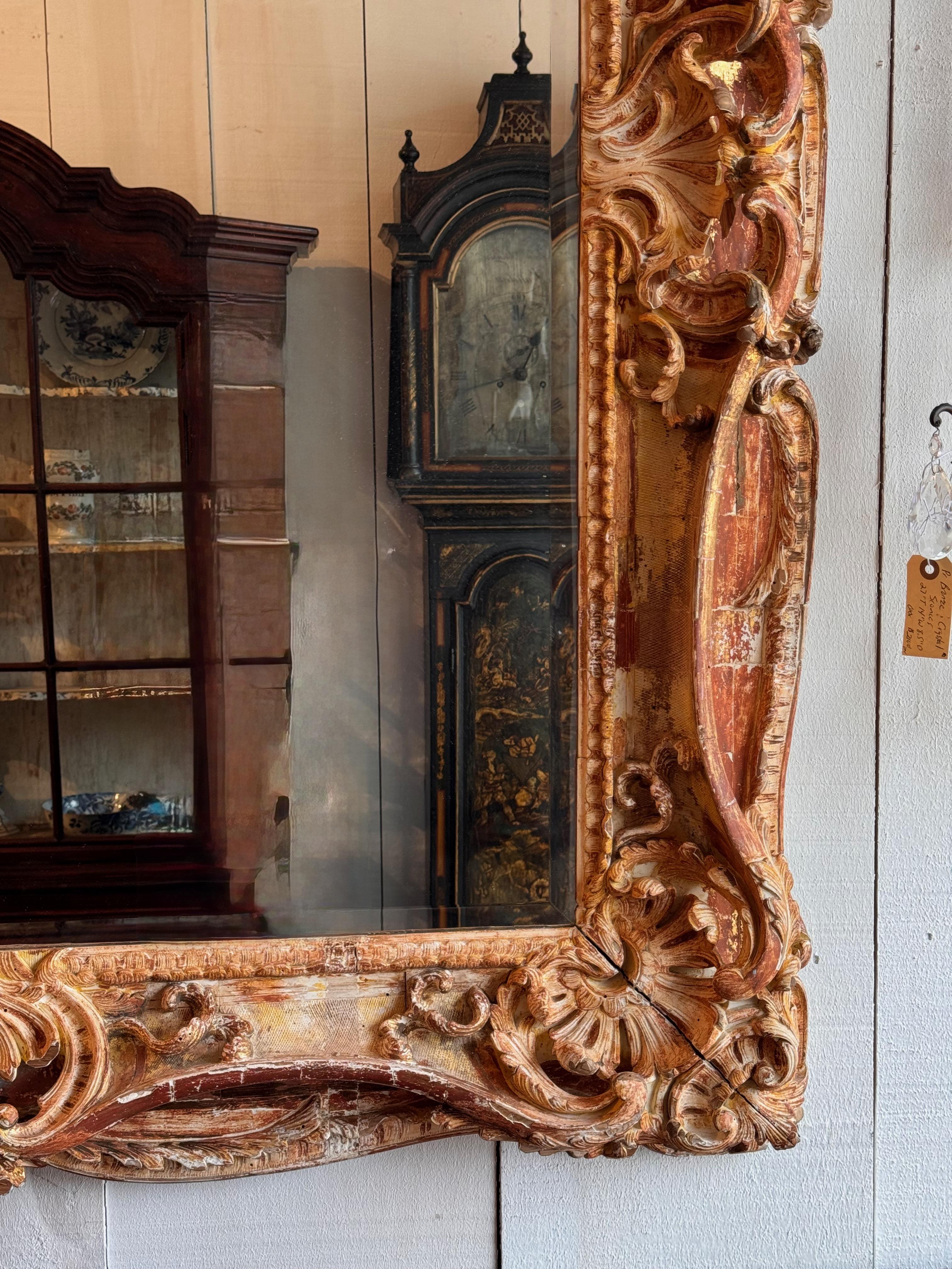 French Mid 19th Century Large Carved Mirror With Distressed Polychrome Finish For Sale